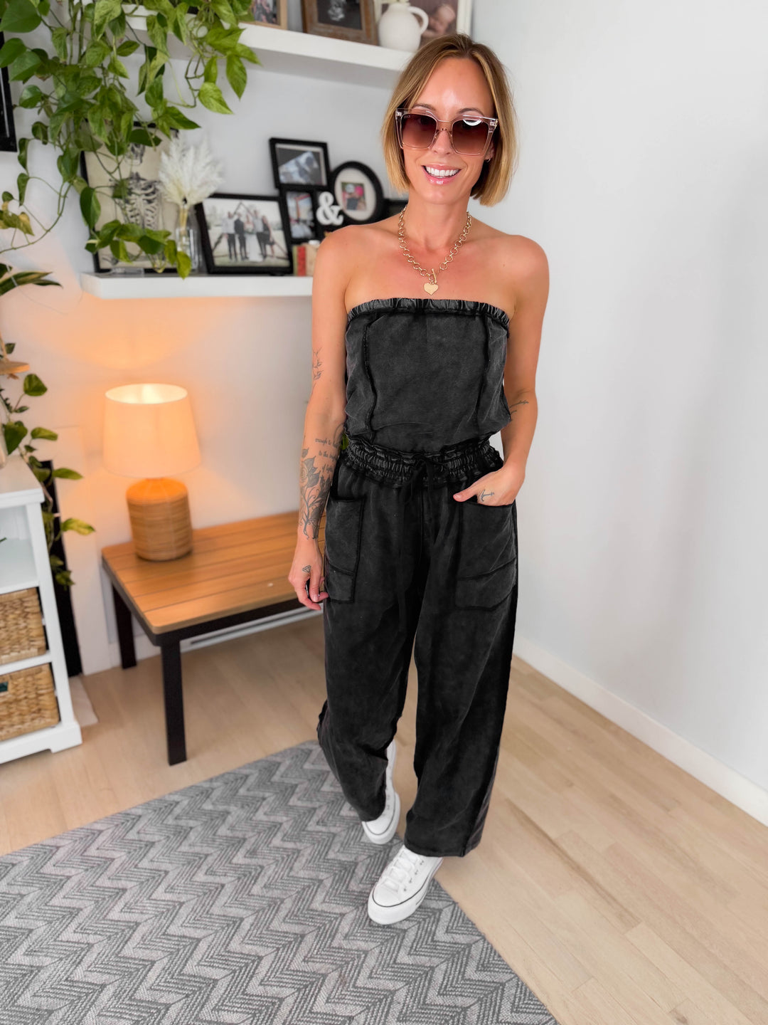 Beach Town Mineral Washed Strapless Jumpsuit- ASH BLACK