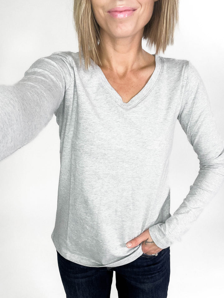 Azura Stretch Cotton Long Sleeve V-Neck Top- HTHR GREY -FINAL SALE