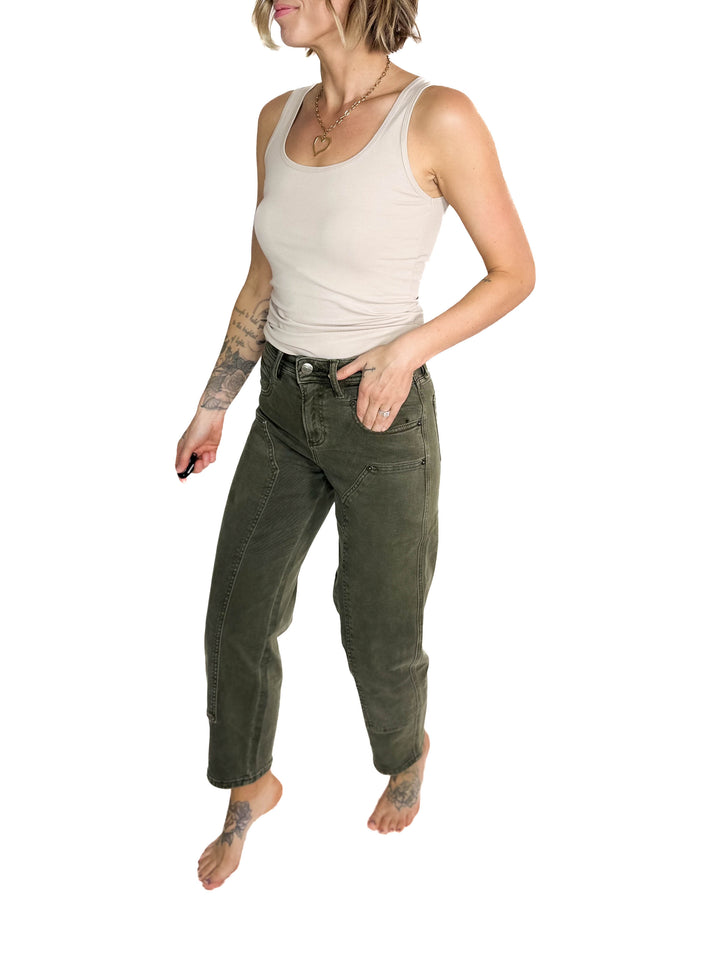 MICA Autumyn High Rise Barrel Jean- DARK FERN