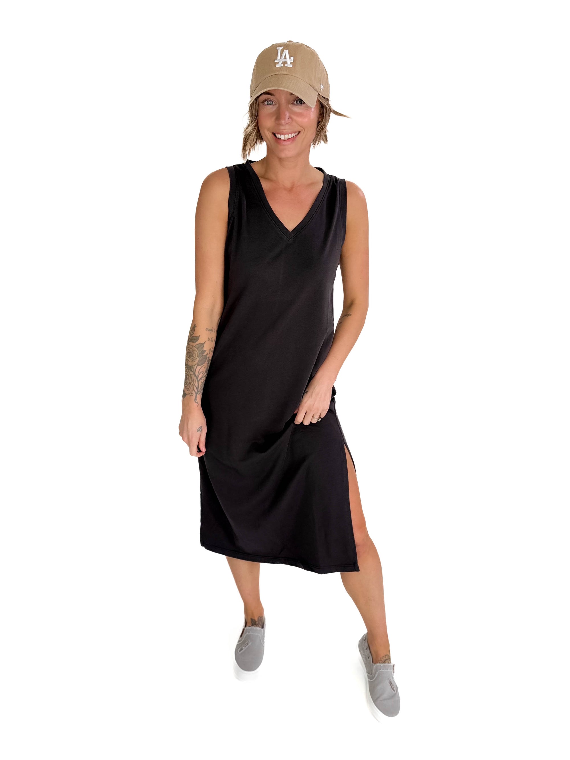 Briar V-Neck Midi Tank Dress- CHARCOAL