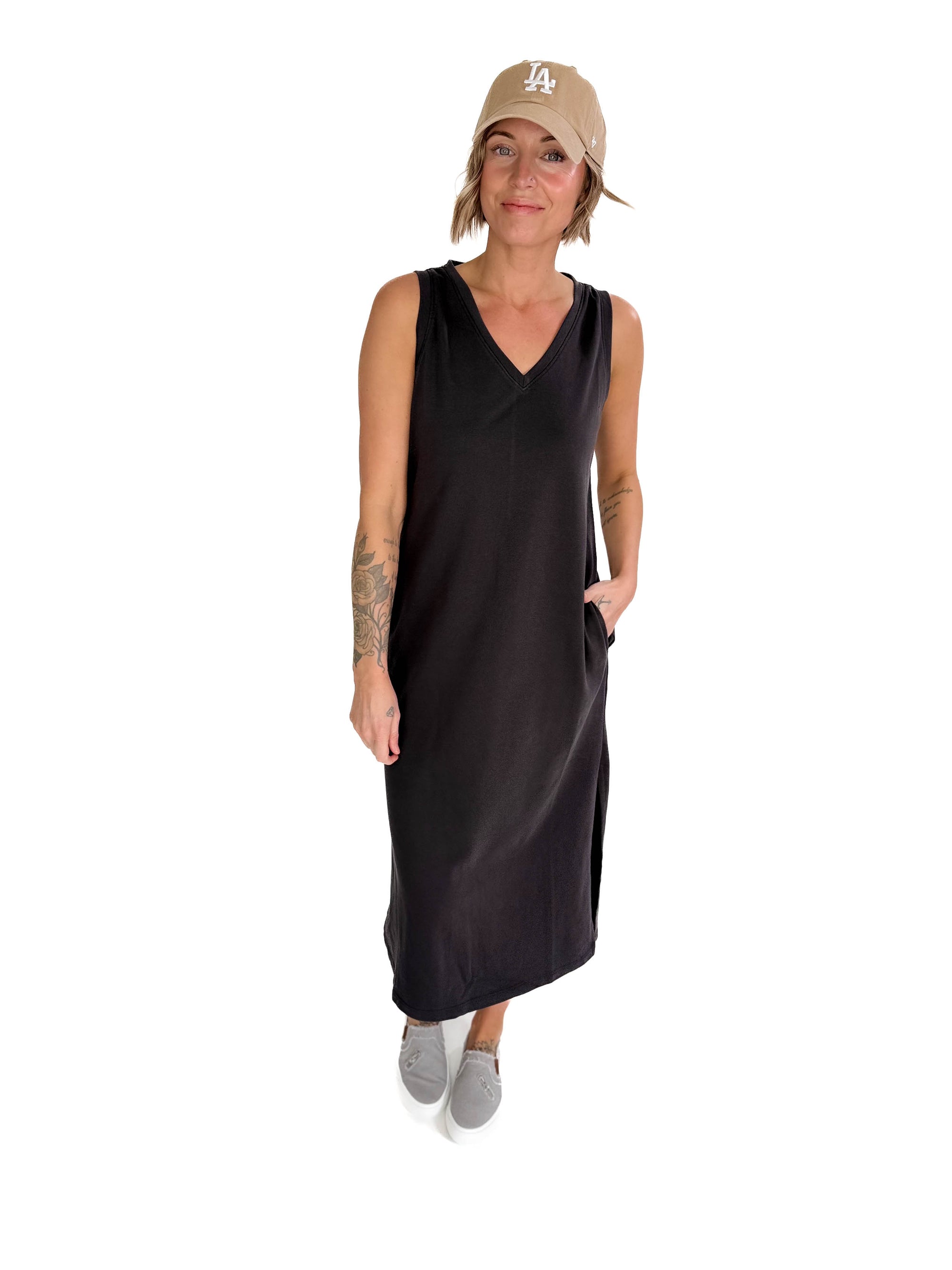 Briar V-Neck Midi Tank Dress- CHARCOAL