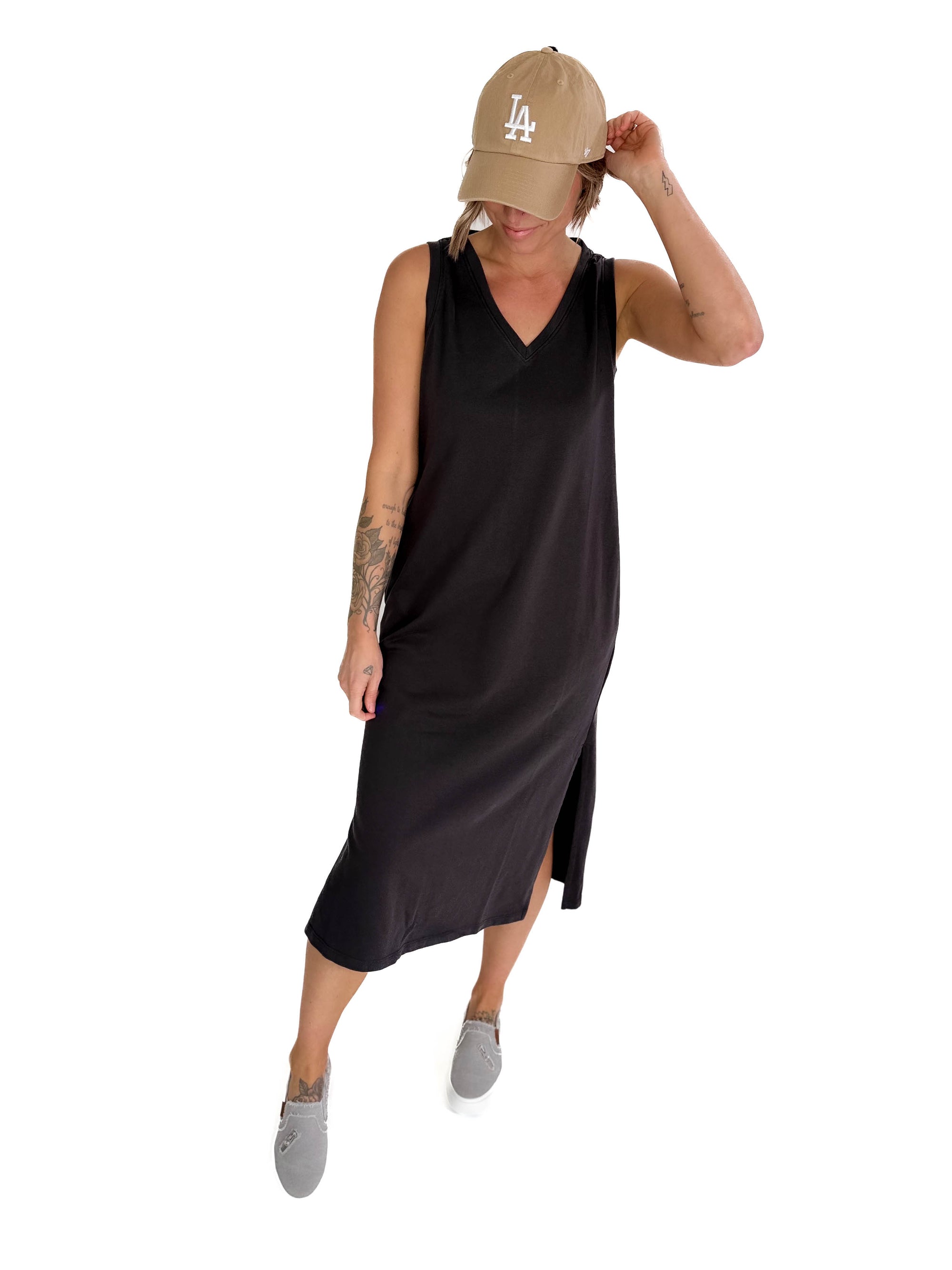Briar V-Neck Midi Tank Dress- CHARCOAL