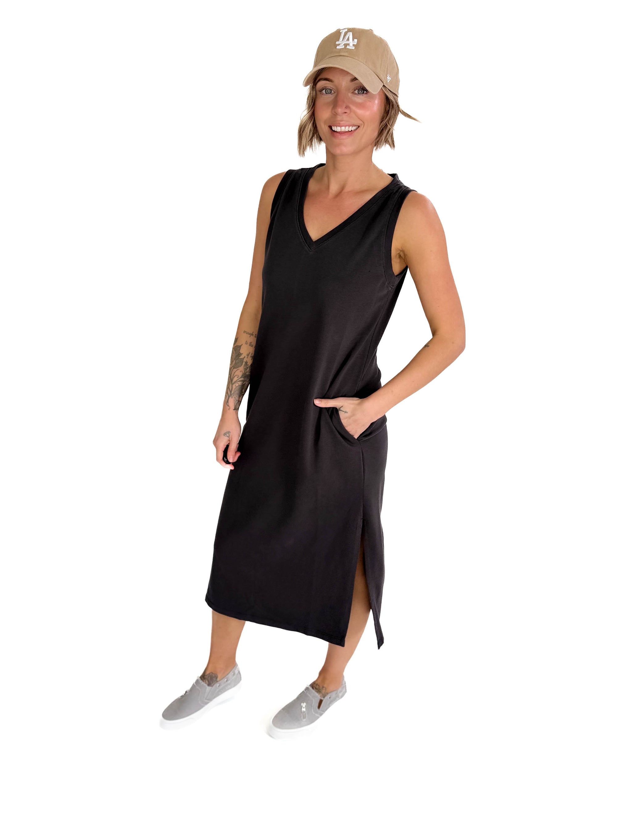 Briar V-Neck Midi Tank Dress- CHARCOAL