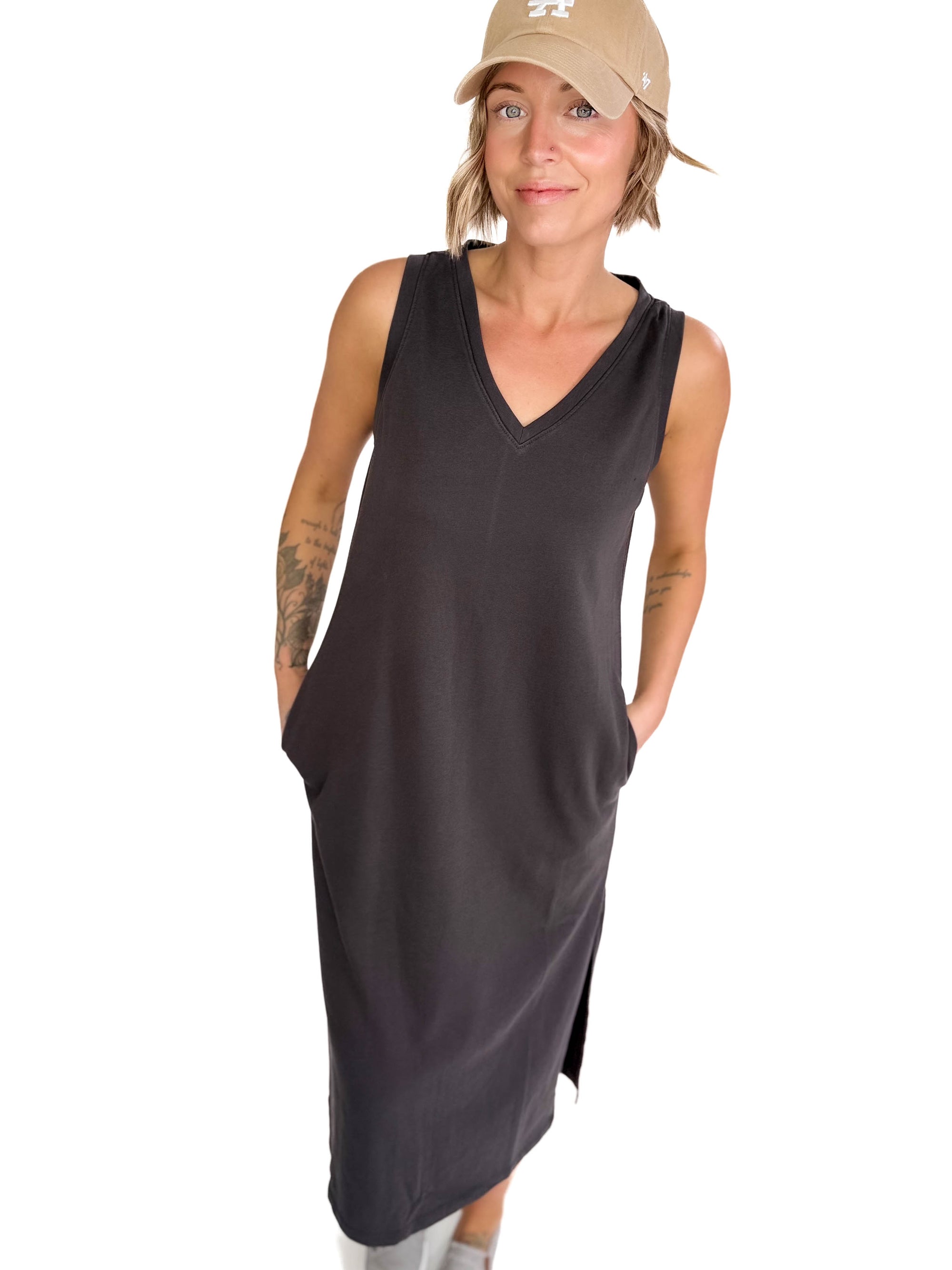 Briar V-Neck Midi Tank Dress- CHARCOAL