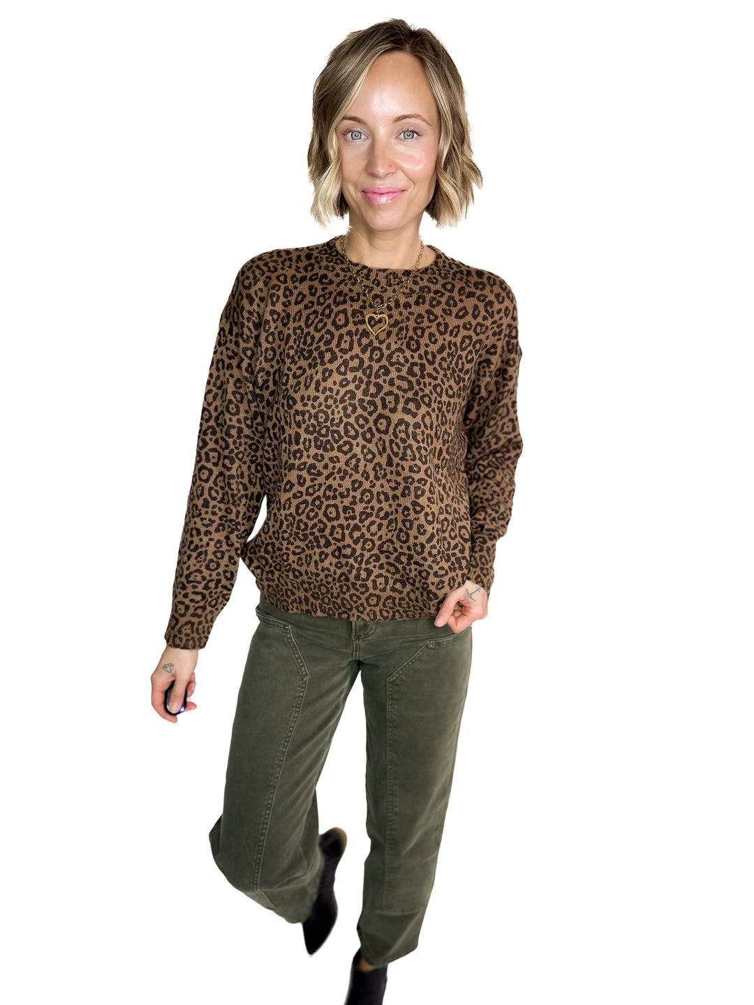 Lexi Leopard Crewneck Sweater- BROWN
