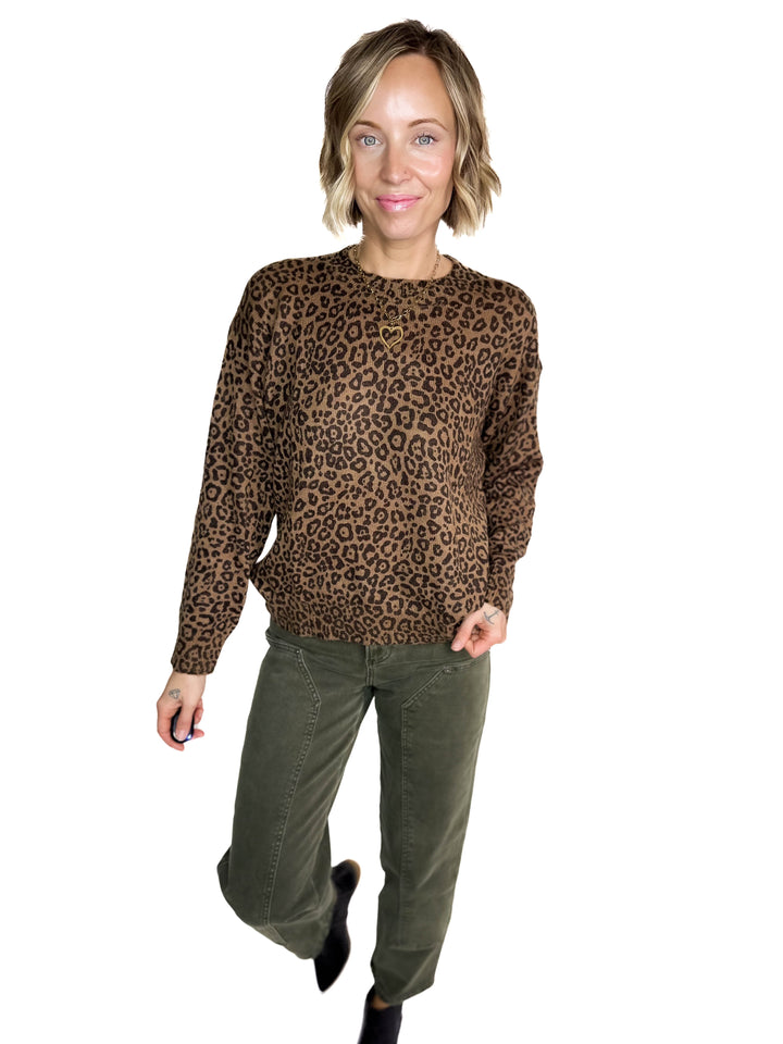 Lexi Leopard Crewneck Sweater- BROWN