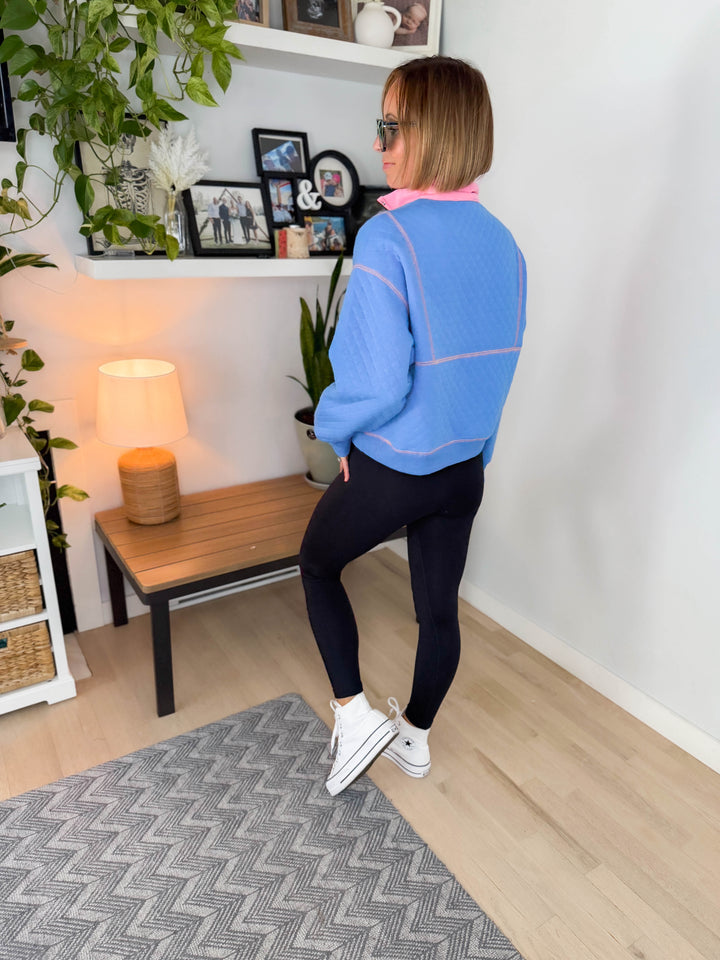Teigan Quilted Snap Pullover- ROYAL BLUE/PINK
