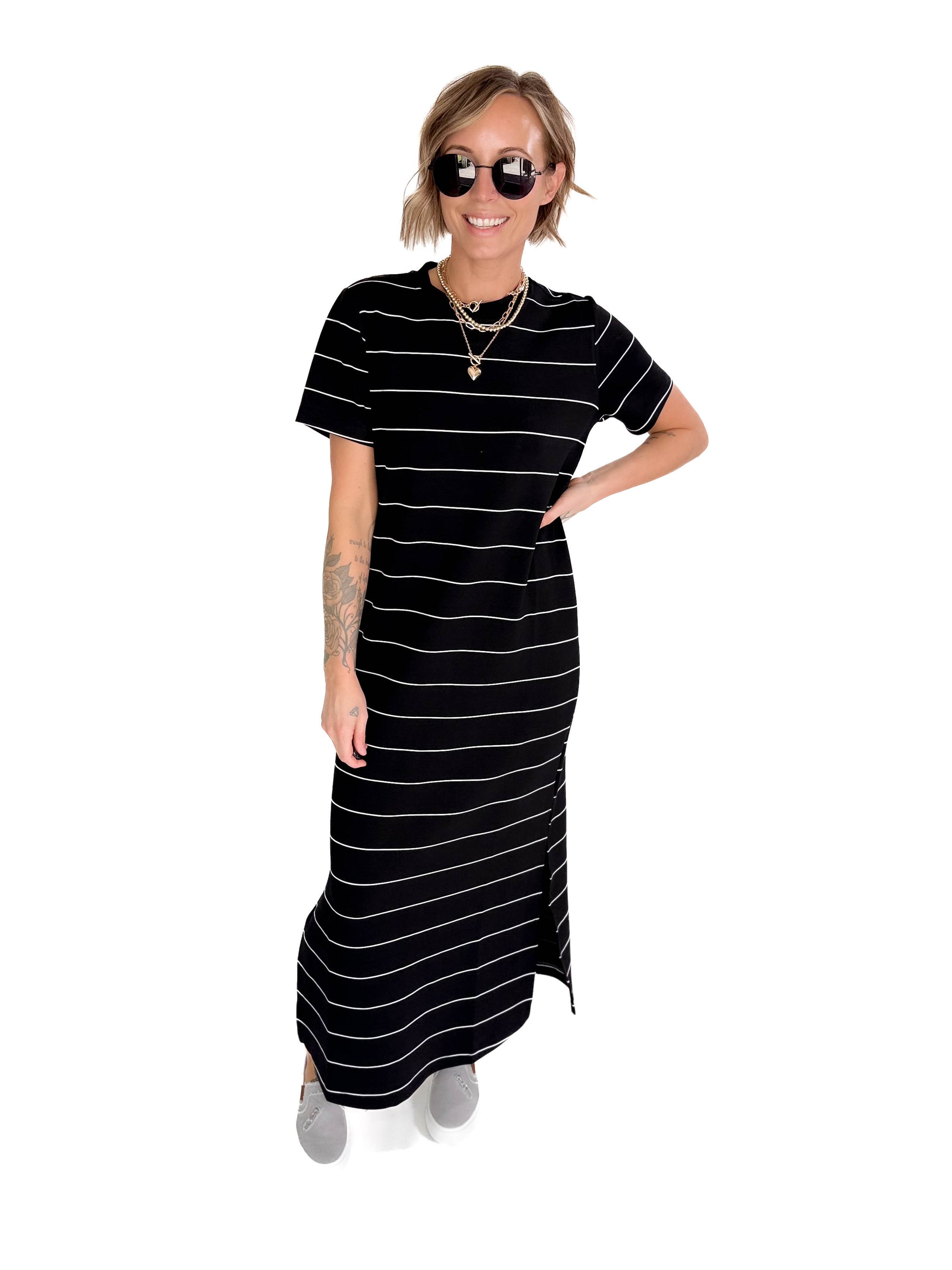 Dominica Stripe Scuba Maxi Dress- BLACK/CREAM