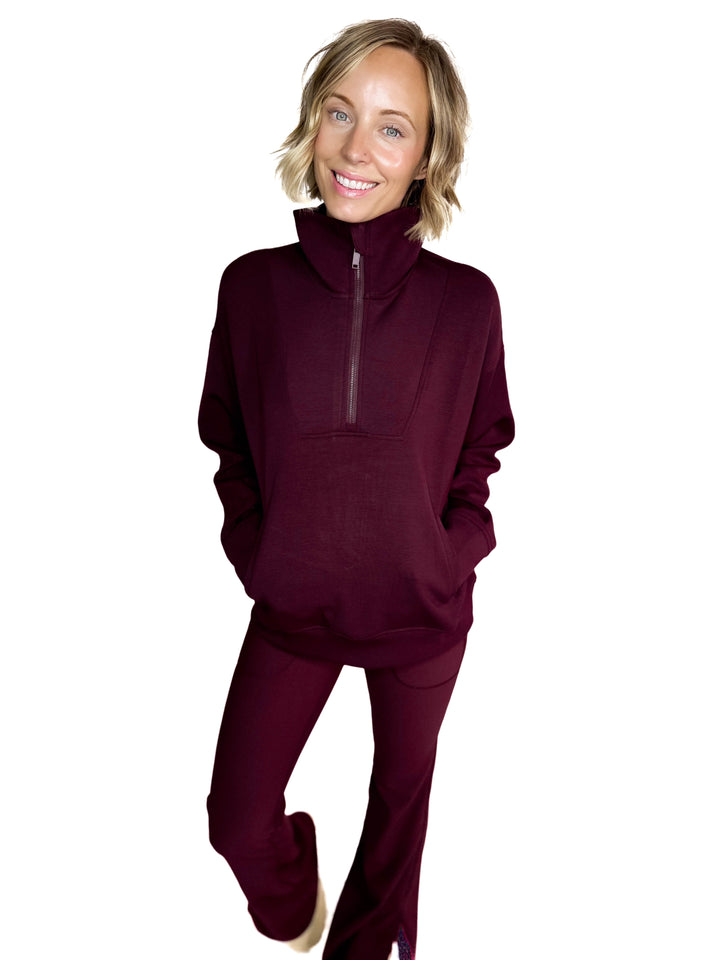Everett Modal 1/2 Zip Mock Neck Pullover- DARK CHERRY