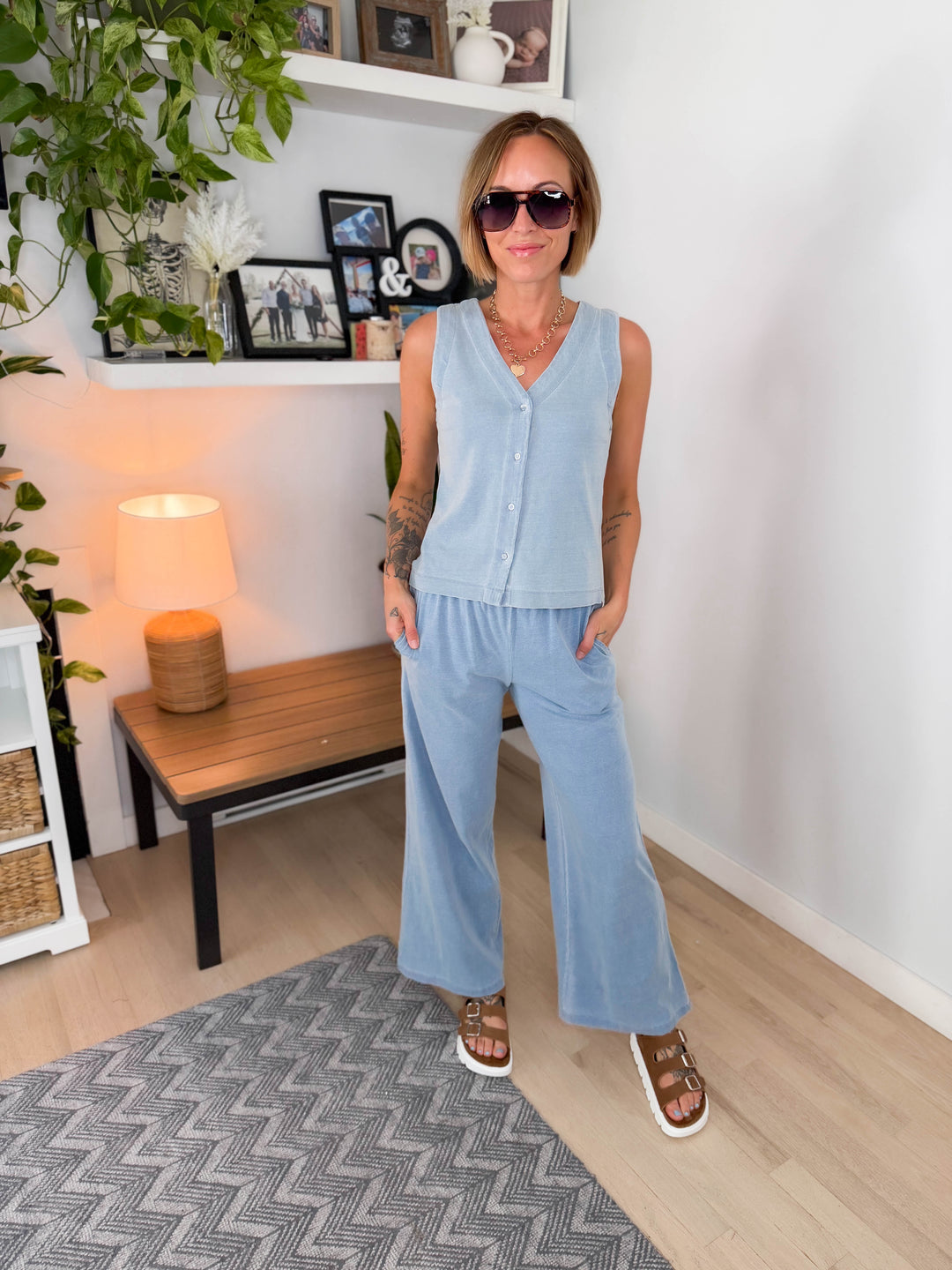 Tara Wide Leg Pants & Vest Top Cotton Set- LIGHT DENIM