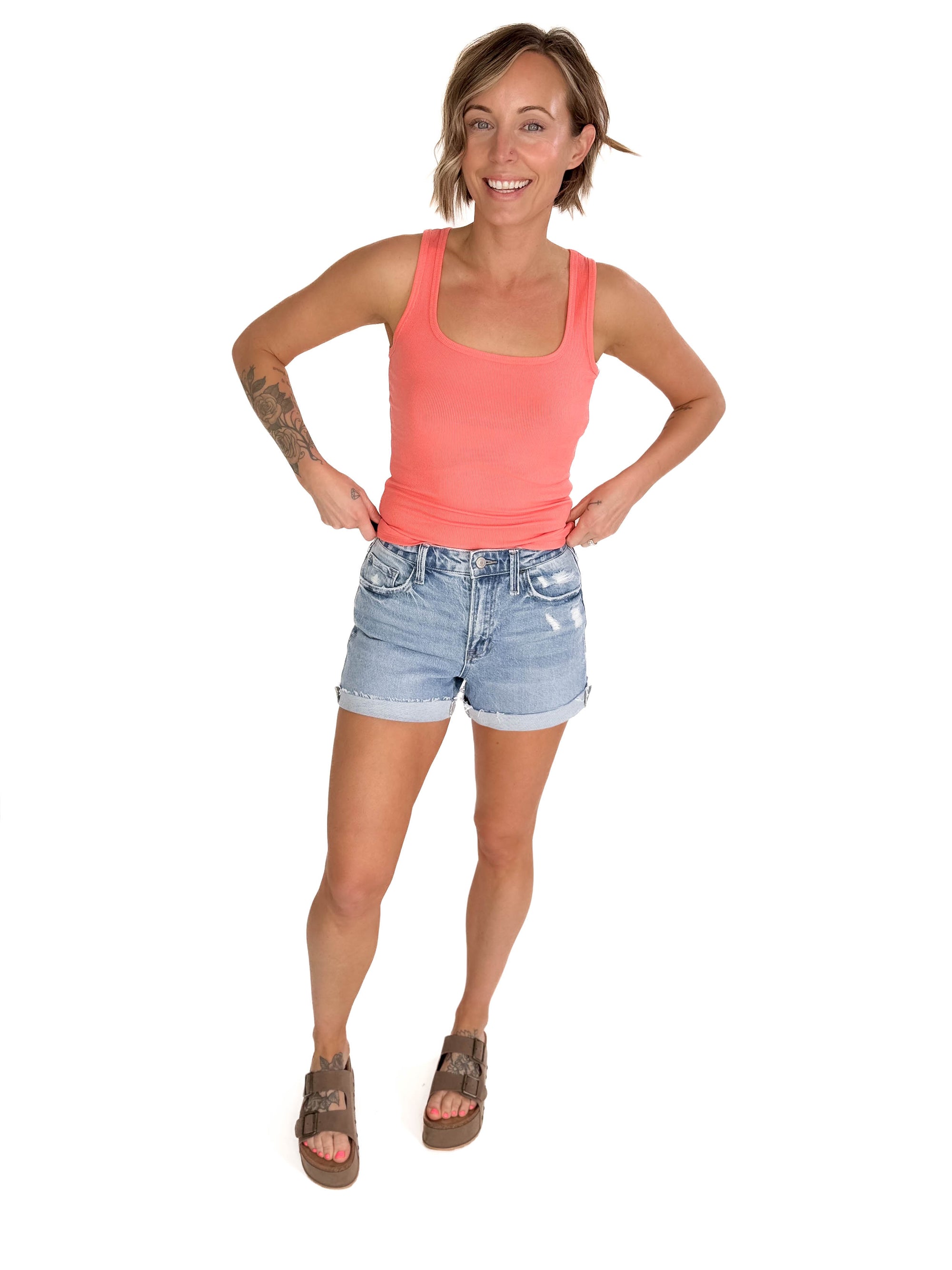 VERVERT Lori High Rise Cuffed Denim Shorts- LIGHT WASH
