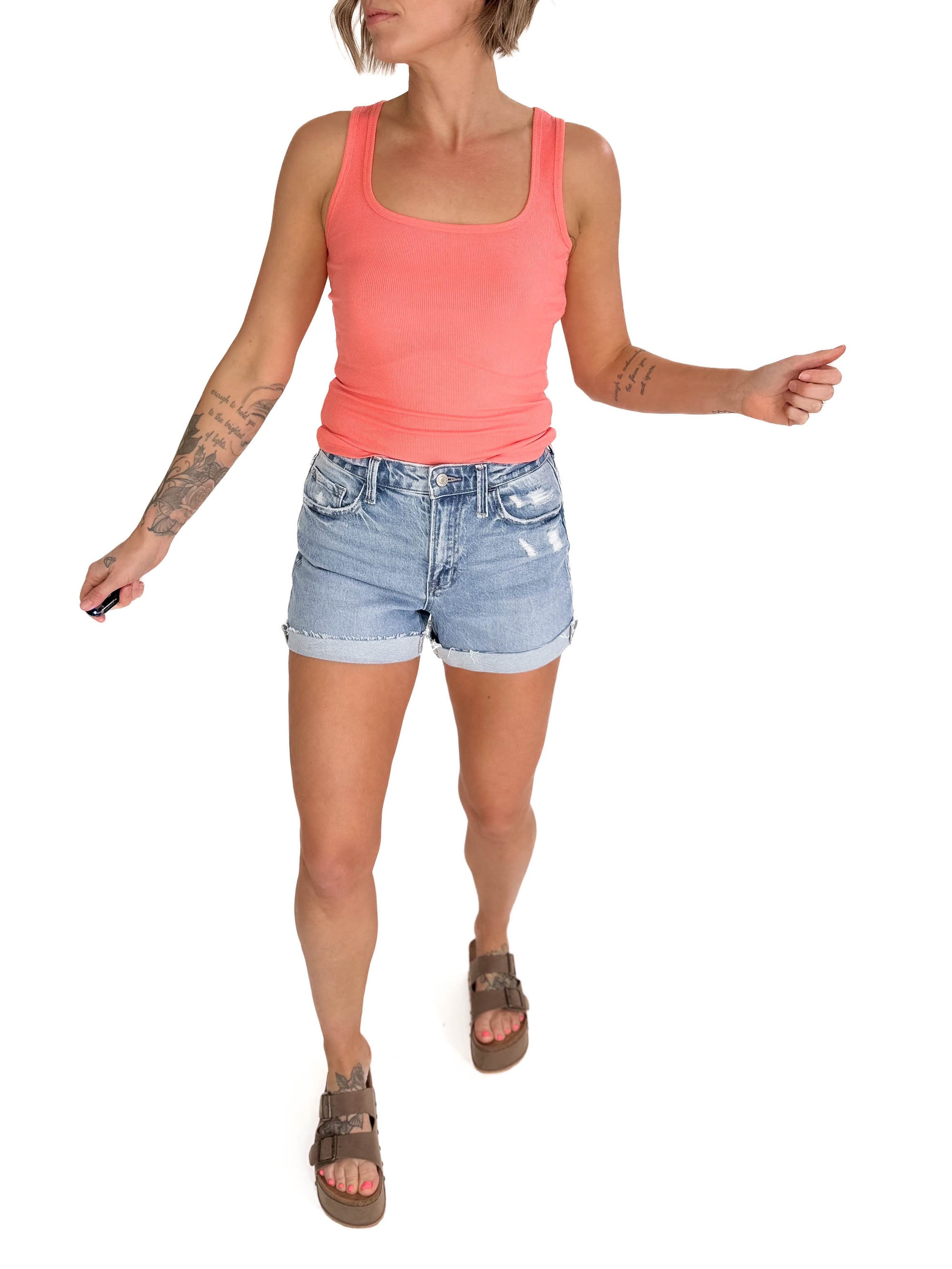 VERVERT Lori High Rise Cuffed Denim Shorts- LIGHT WASH