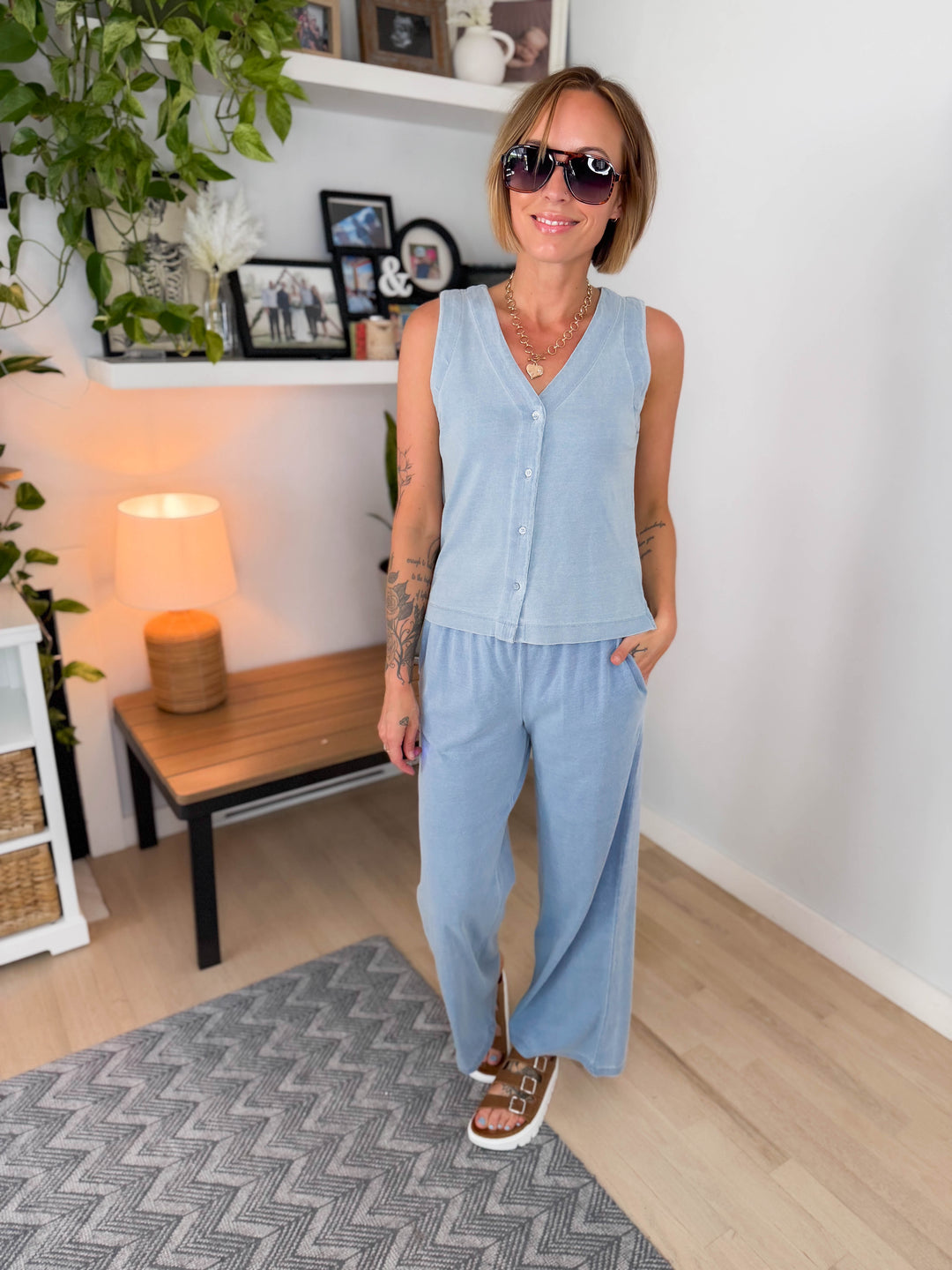 Tara Wide Leg Pants & Vest Top Cotton Set- LIGHT DENIM