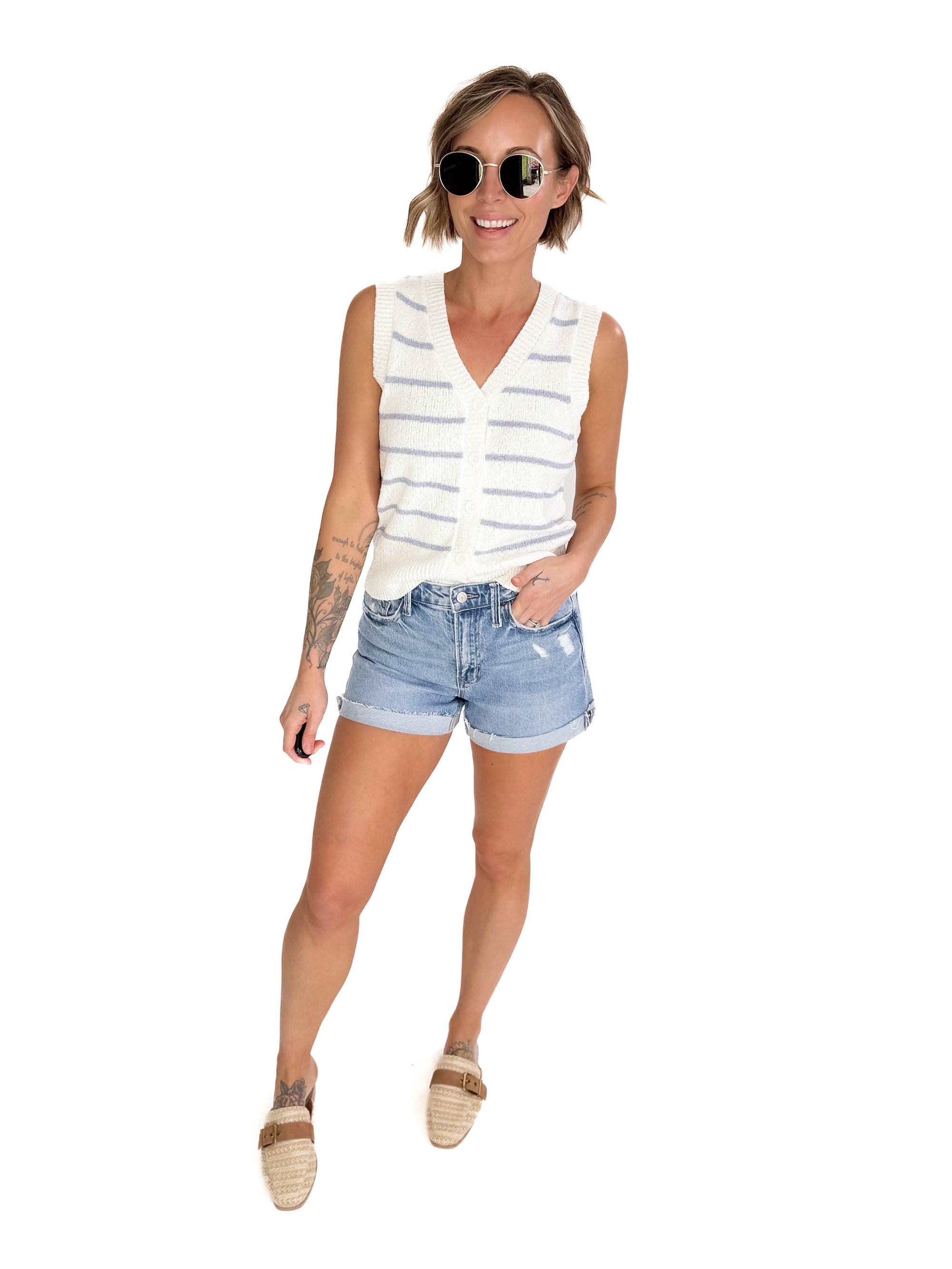 Elana Cozy Striped Button Up Sweater Vest- SLATE BLUE