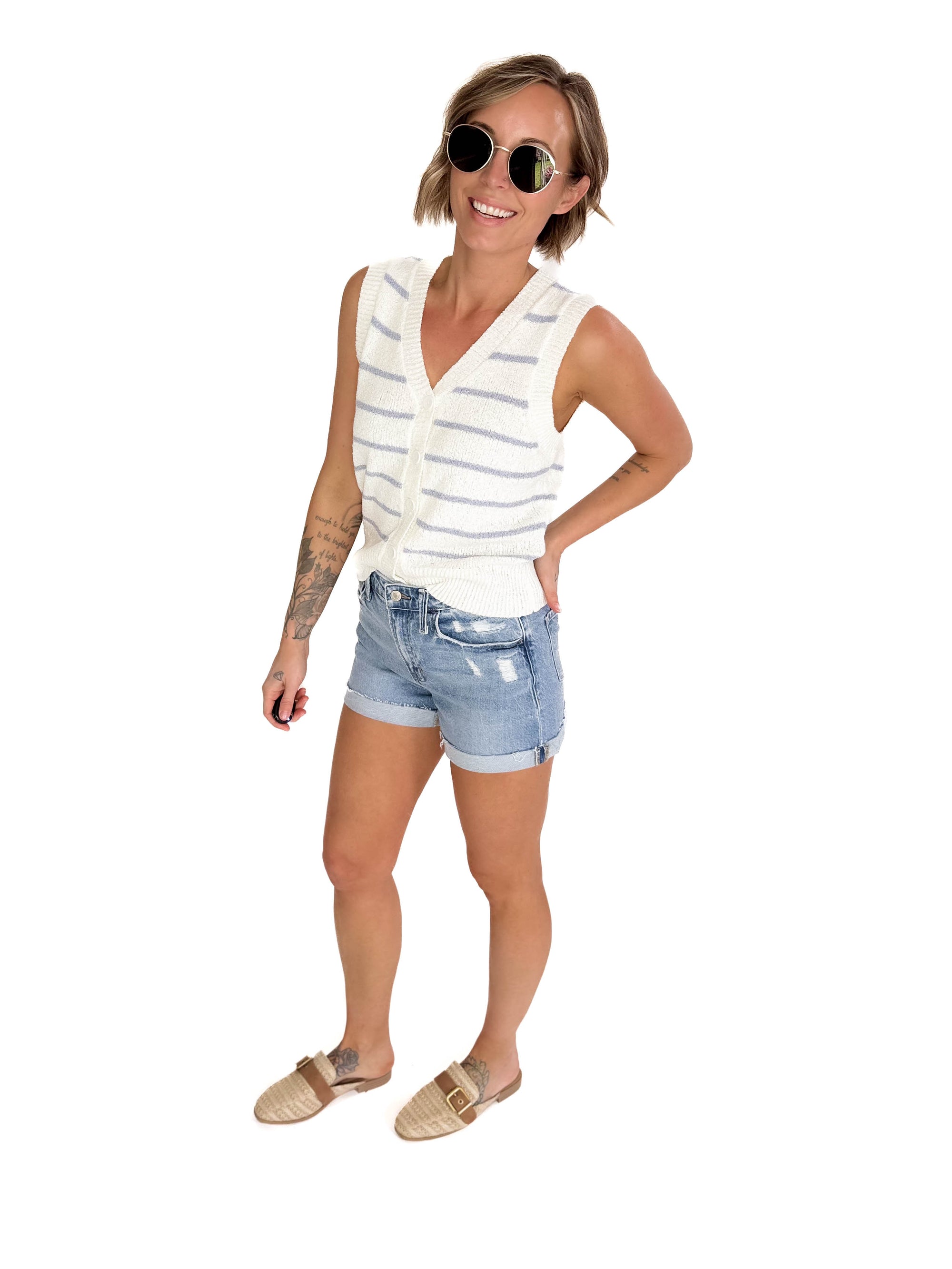 Elana Cozy Striped Button Up Sweater Vest- SLATE BLUE