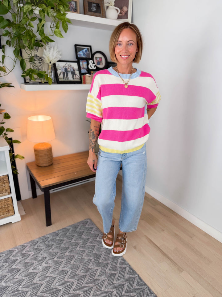 Feel Good Cotton Sweater Top- FUCHSIA/LEMON