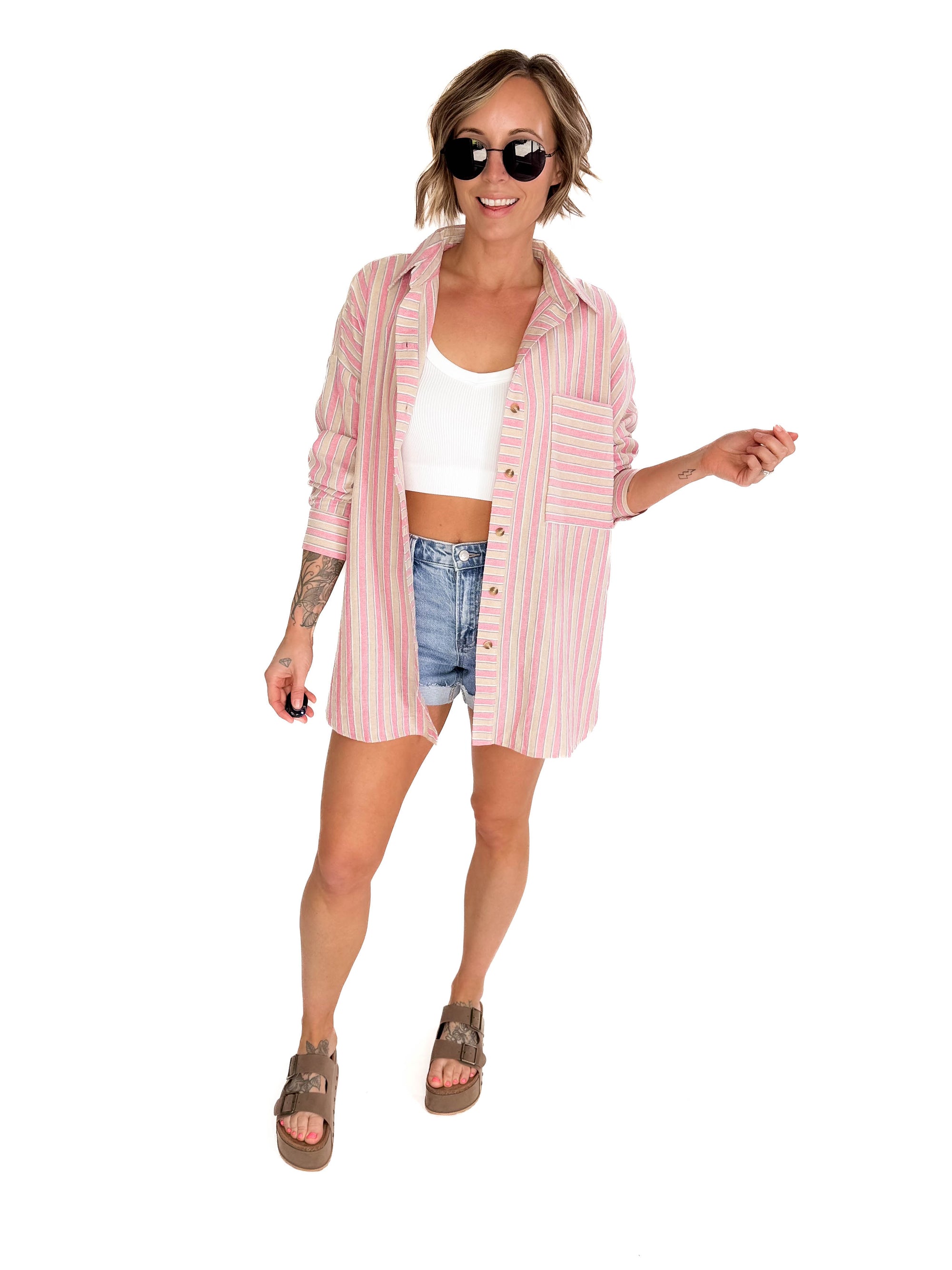 Shona Cotton Blend Button Down- PINK STRIPE