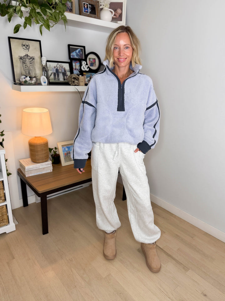 Salem Sherpa Mock Neck Quarter Zip Jacket- LAVENDER BLUE/CHARCOAL