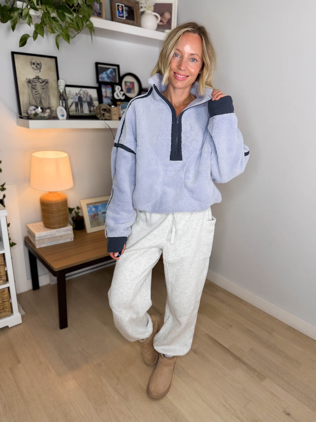 Salem Sherpa Mock Neck Quarter Zip Jacket- LAVENDER BLUE/CHARCOAL