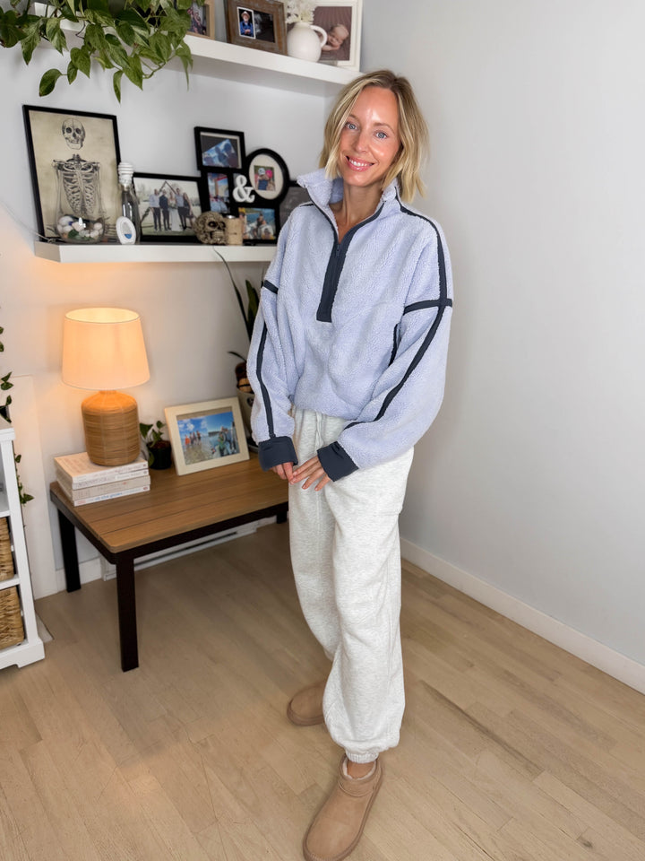 Salem Sherpa Mock Neck Quarter Zip Jacket- LAVENDER BLUE/CHARCOAL