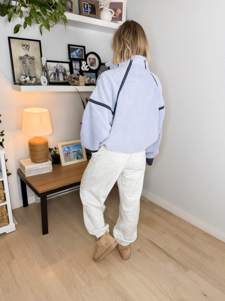 Salem Sherpa Mock Neck Quarter Zip Jacket- LAVENDER BLUE/CHARCOAL