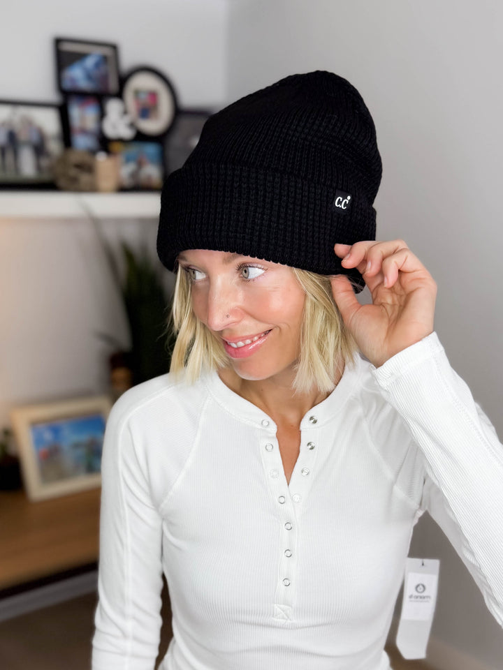 CC Waffle Knit Cuff Beanie- BLACK