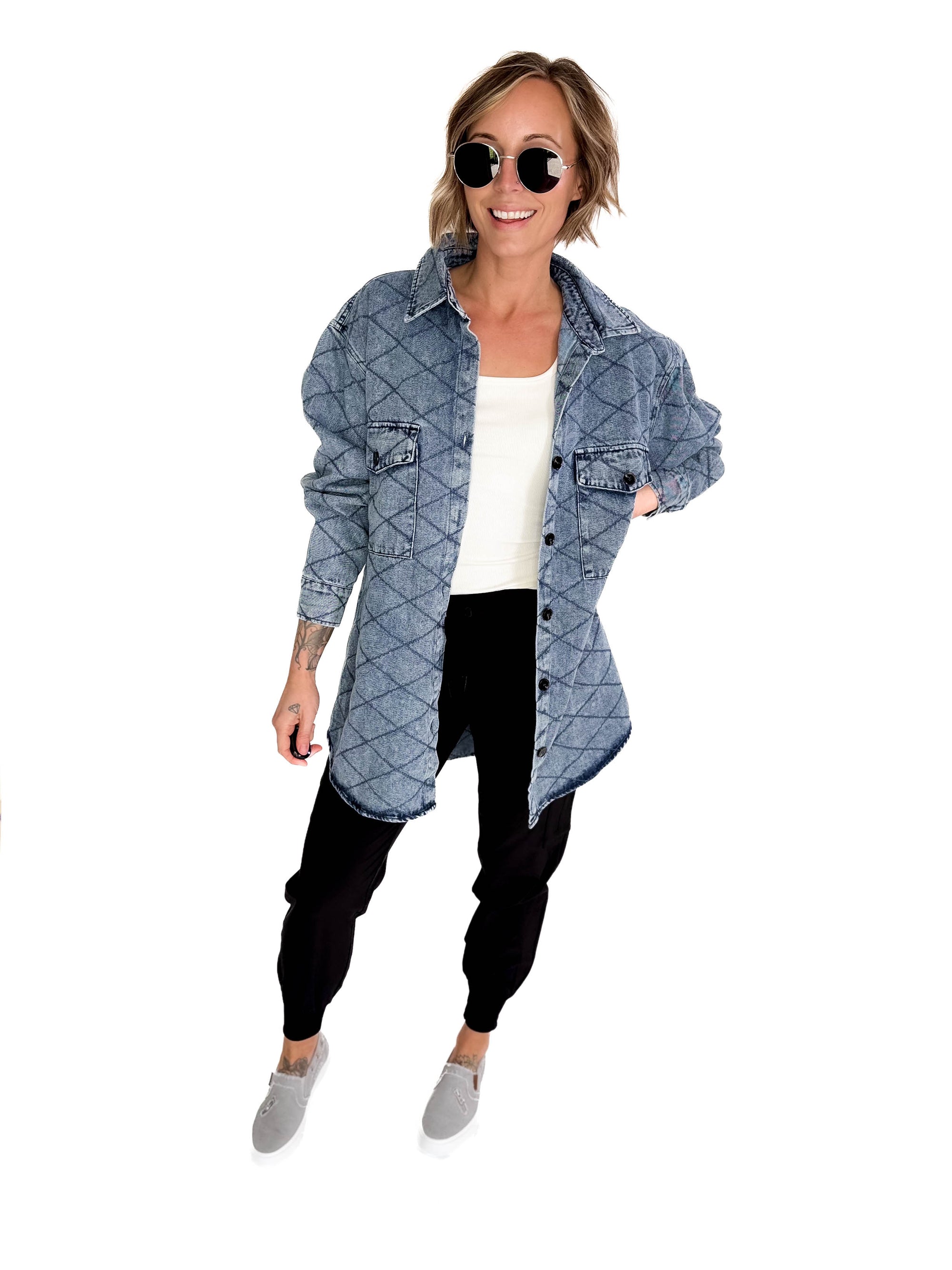 Whiskey Oversized Quilted Denim Shacket- DENIM BLUE