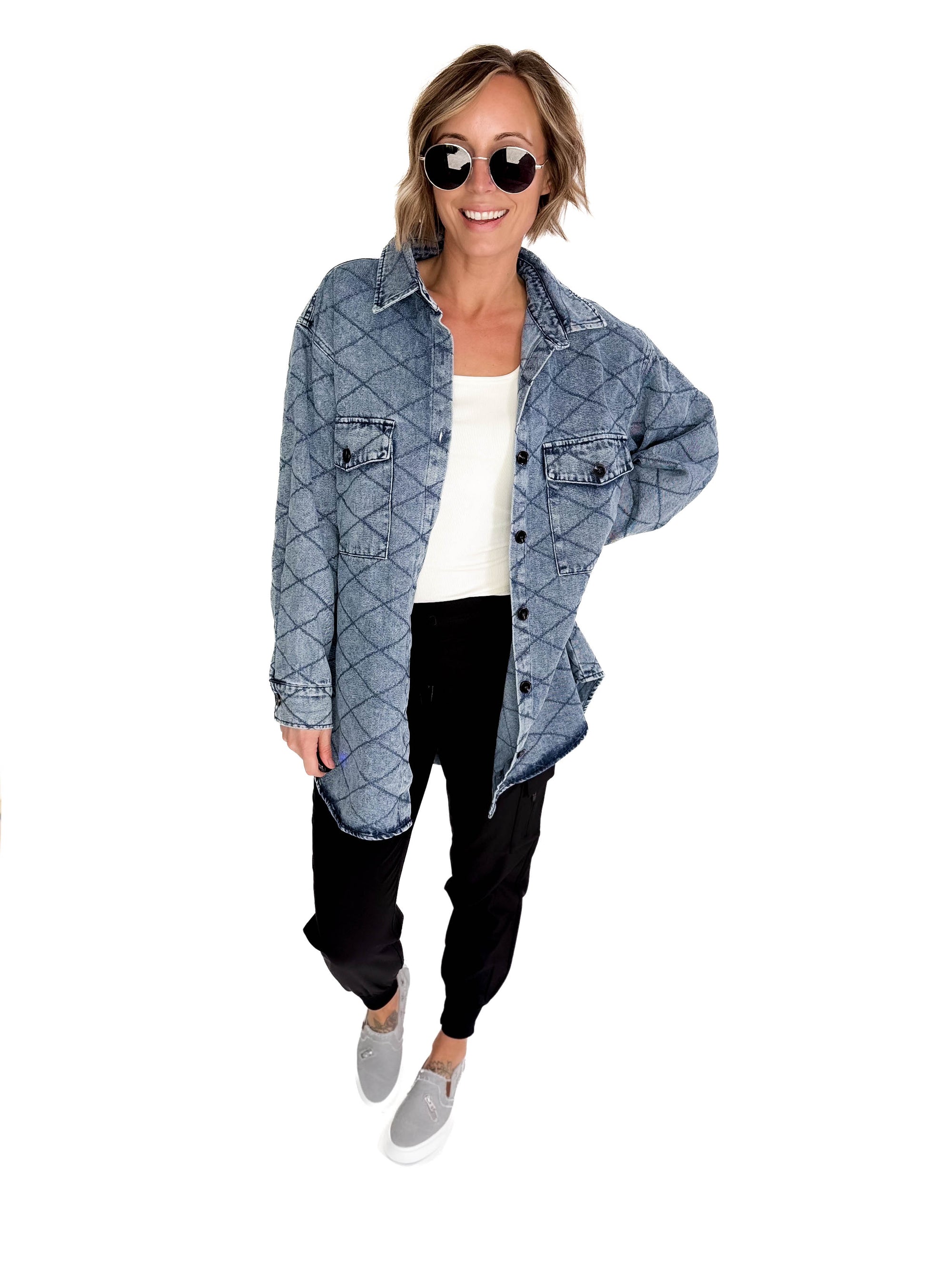 Whiskey Oversized Quilted Denim Shacket- DENIM BLUE