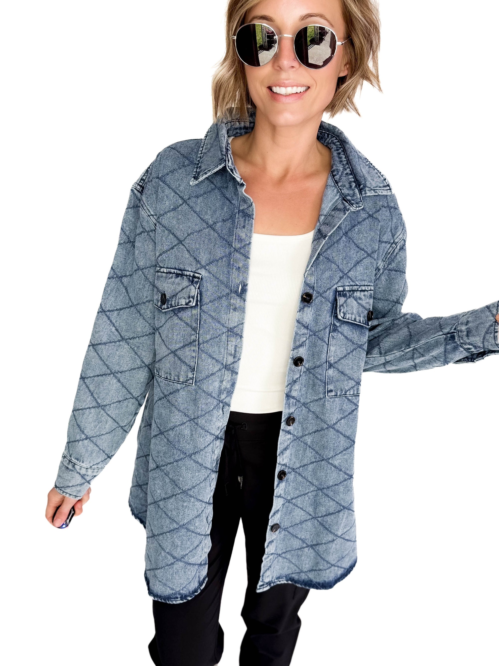 Whiskey Oversized Quilted Denim Shacket- DENIM BLUE