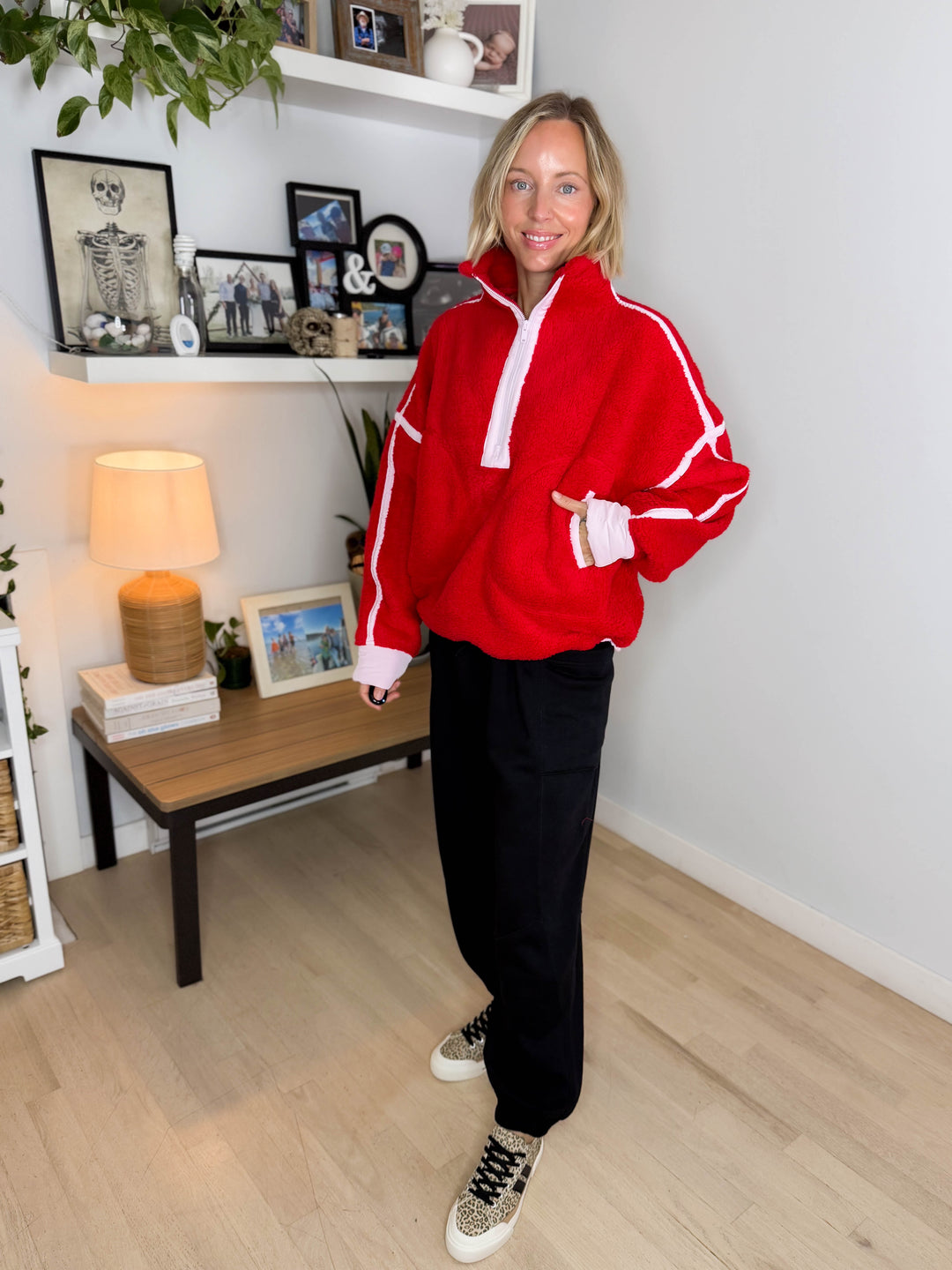 Salem Sherpa Mock Neck Quarter Zip Jacket- RED/PALE PINK