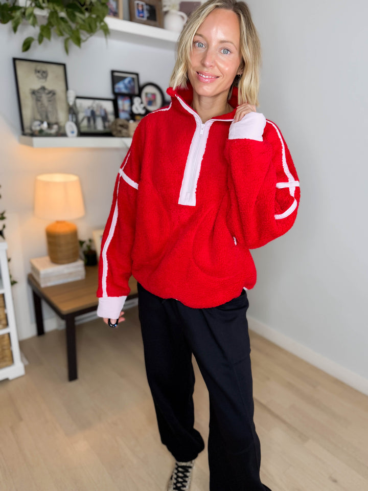 Salem Sherpa Mock Neck Quarter Zip Jacket- RED/PALE PINK