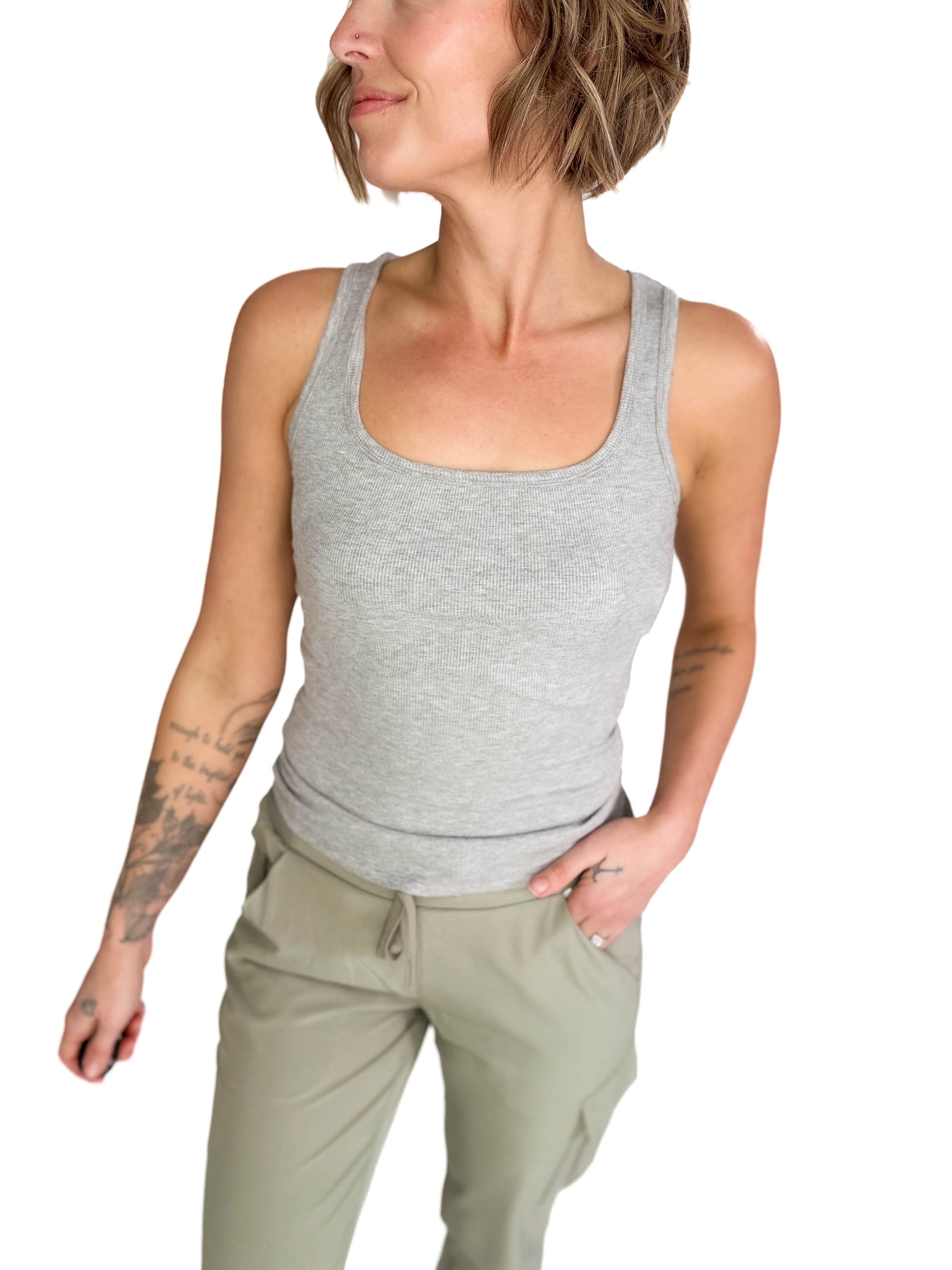 MONO B  Karen Square Neck Ribbed Tank- HEATHER GREY