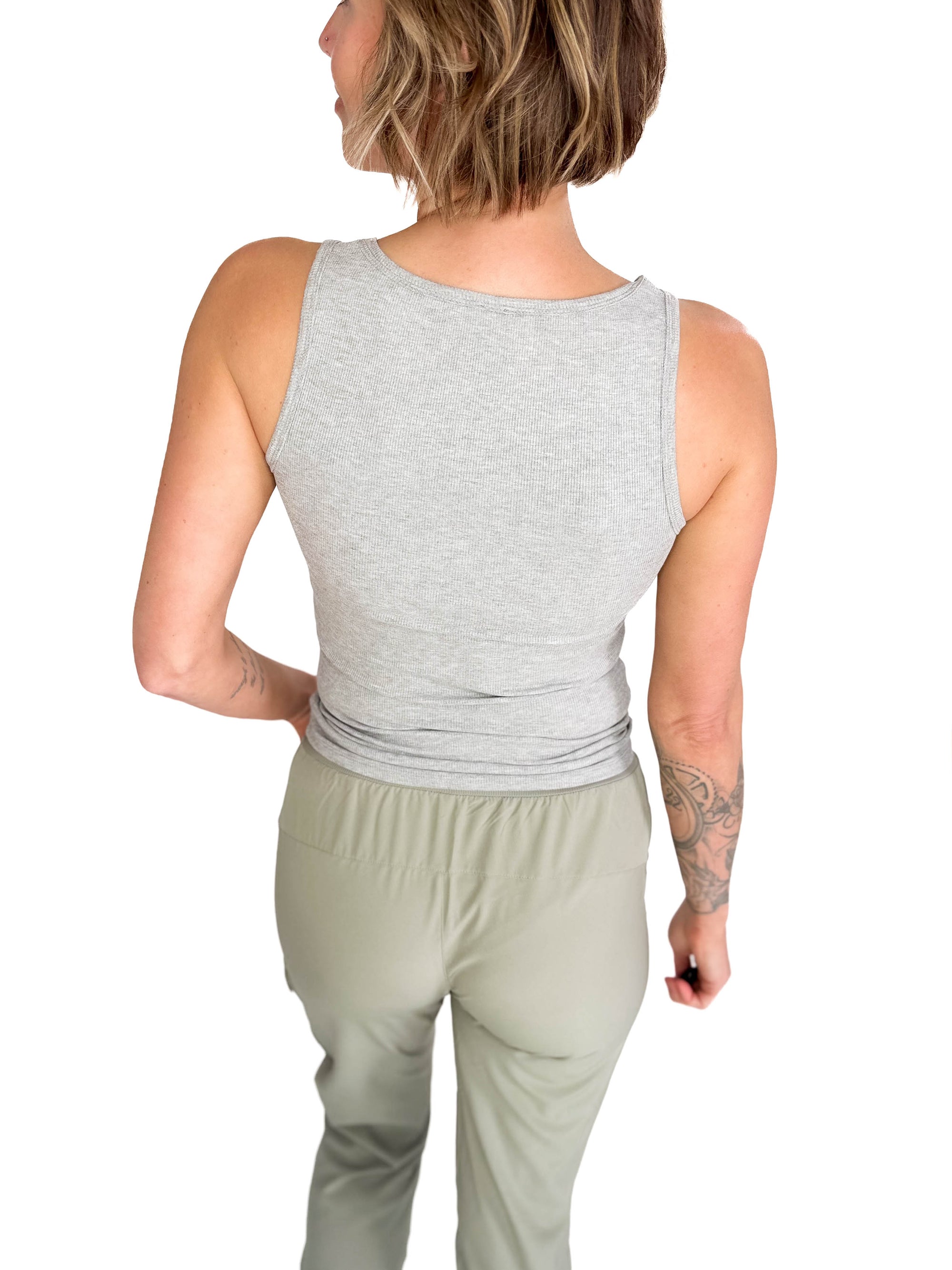 MONO B  Karen Square Neck Ribbed Tank- HEATHER GREY