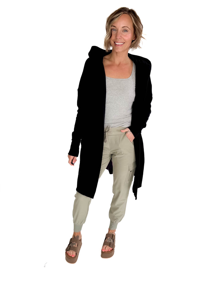 MONO B Whistler Longline Hoodie Cardigan- BLACK