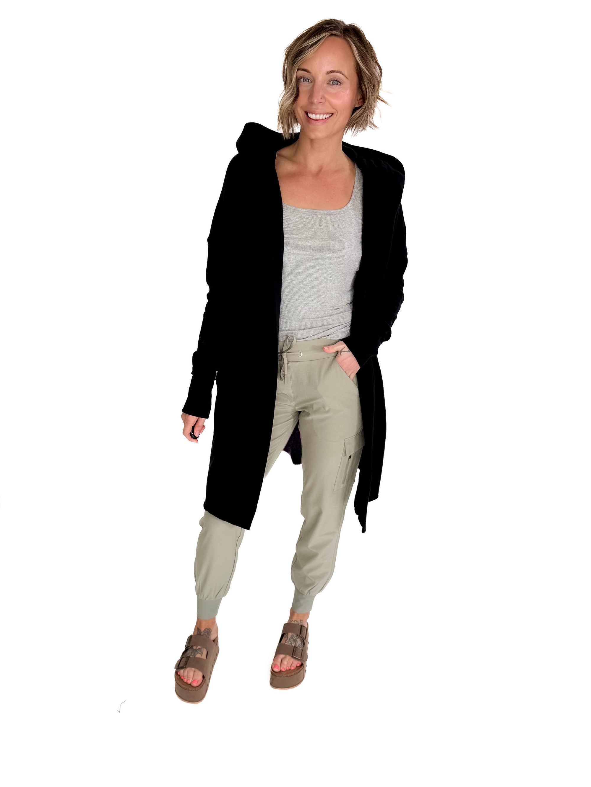 MONO B Whistler Longline Hoodie Cardigan- BLACK