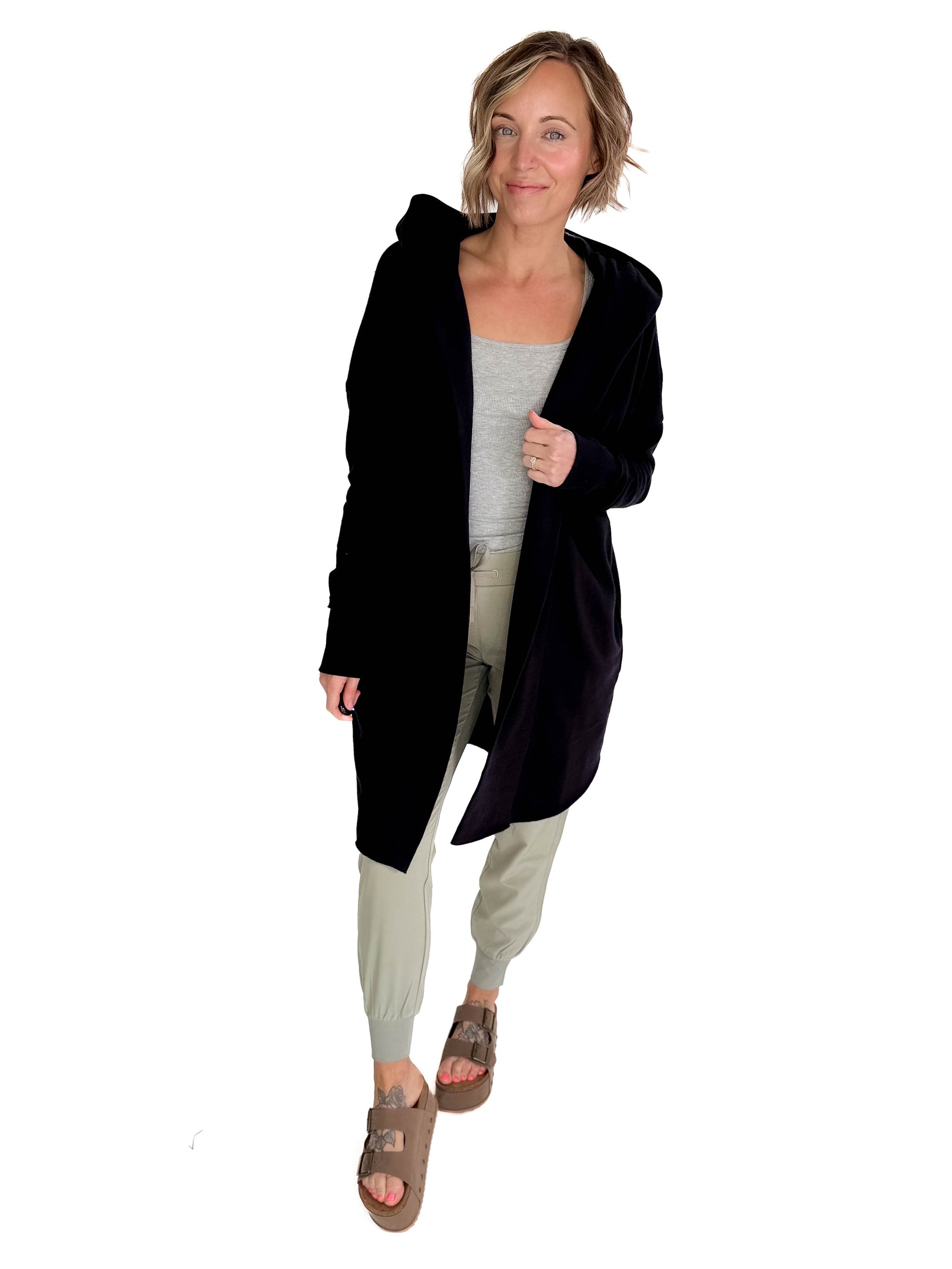 MONO B Whistler Longline Hoodie Cardigan- BLACK