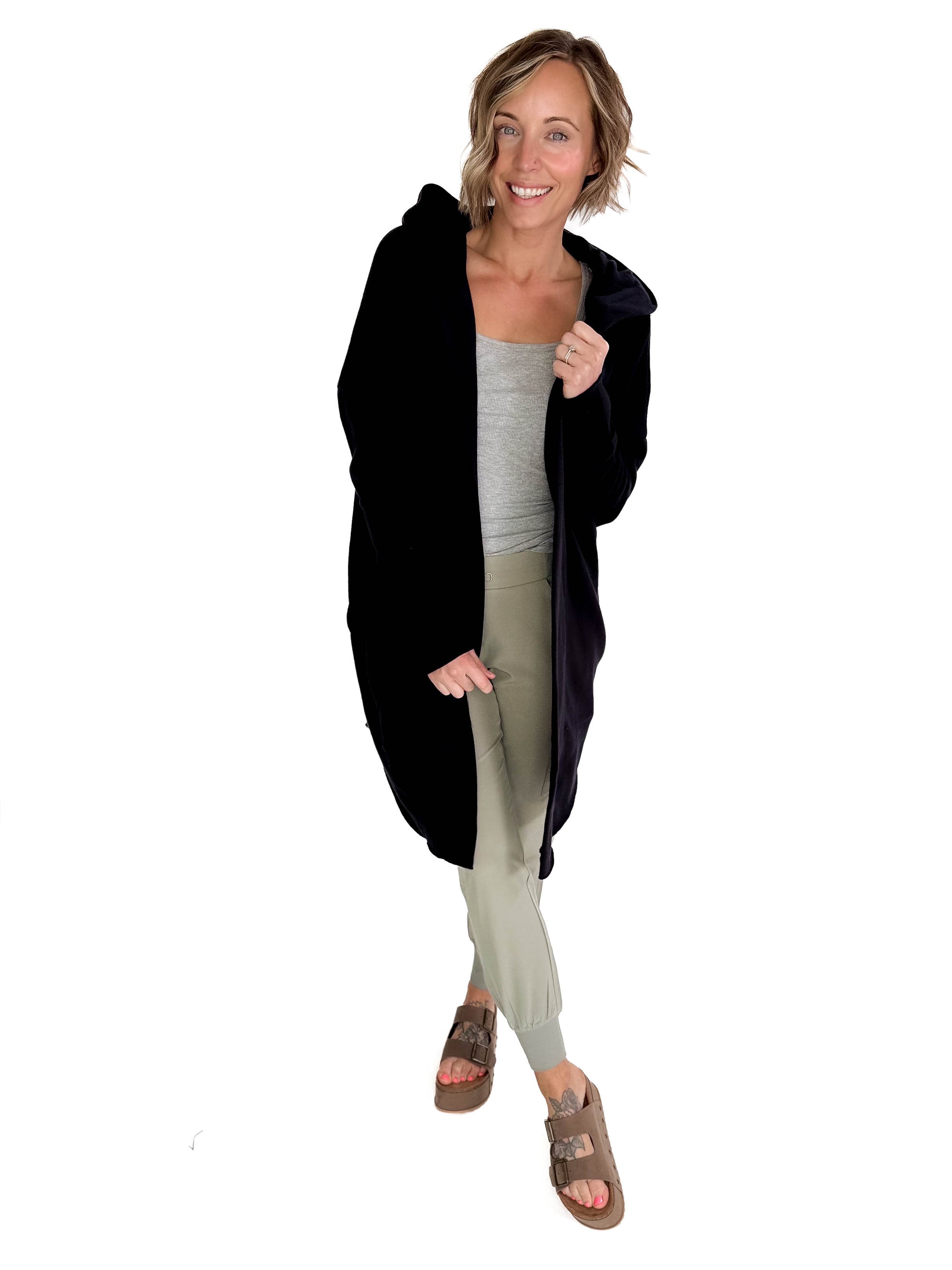MONO B Whistler Longline Hoodie Cardigan- BLACK