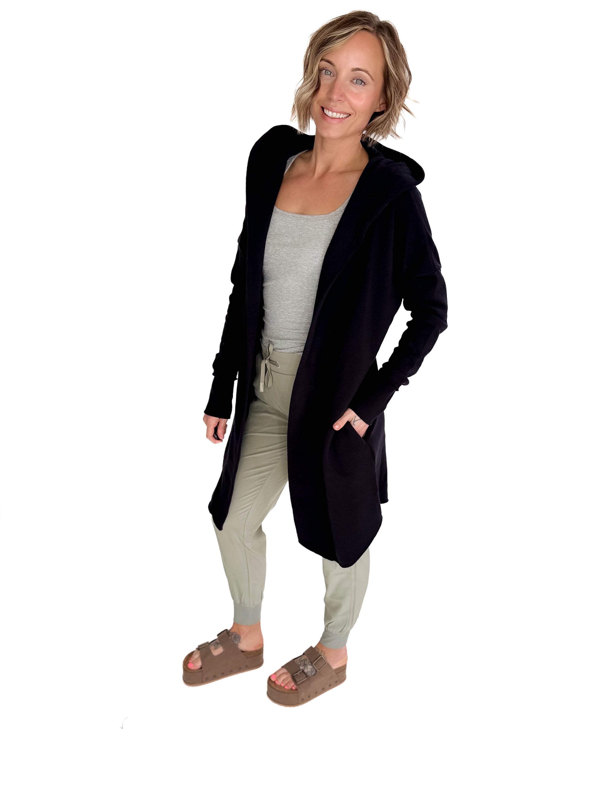 MONO B Whistler Longline Hoodie Cardigan- BLACK