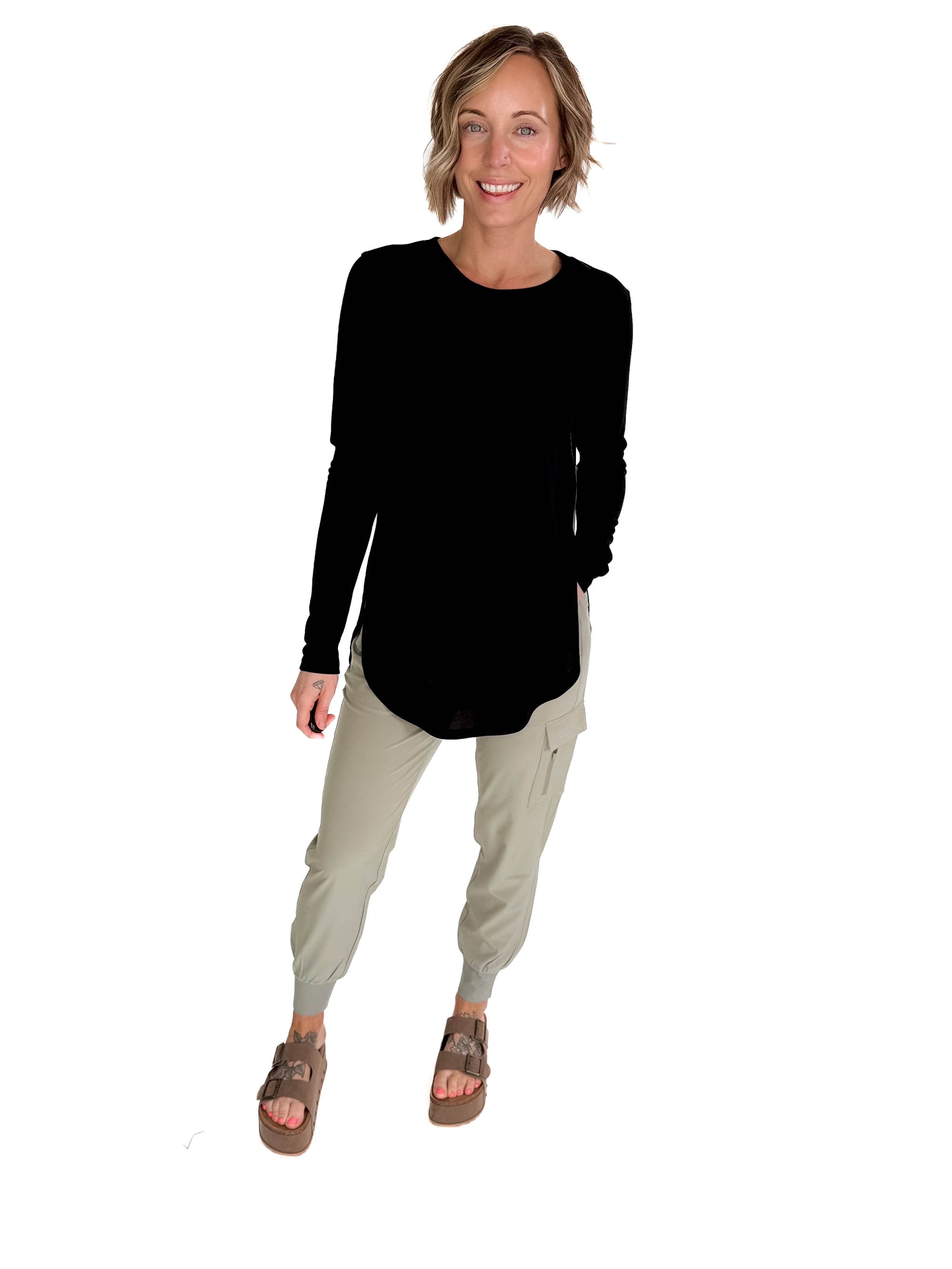 MONO B Madison Long Sleeve Flow Top - BLACK
