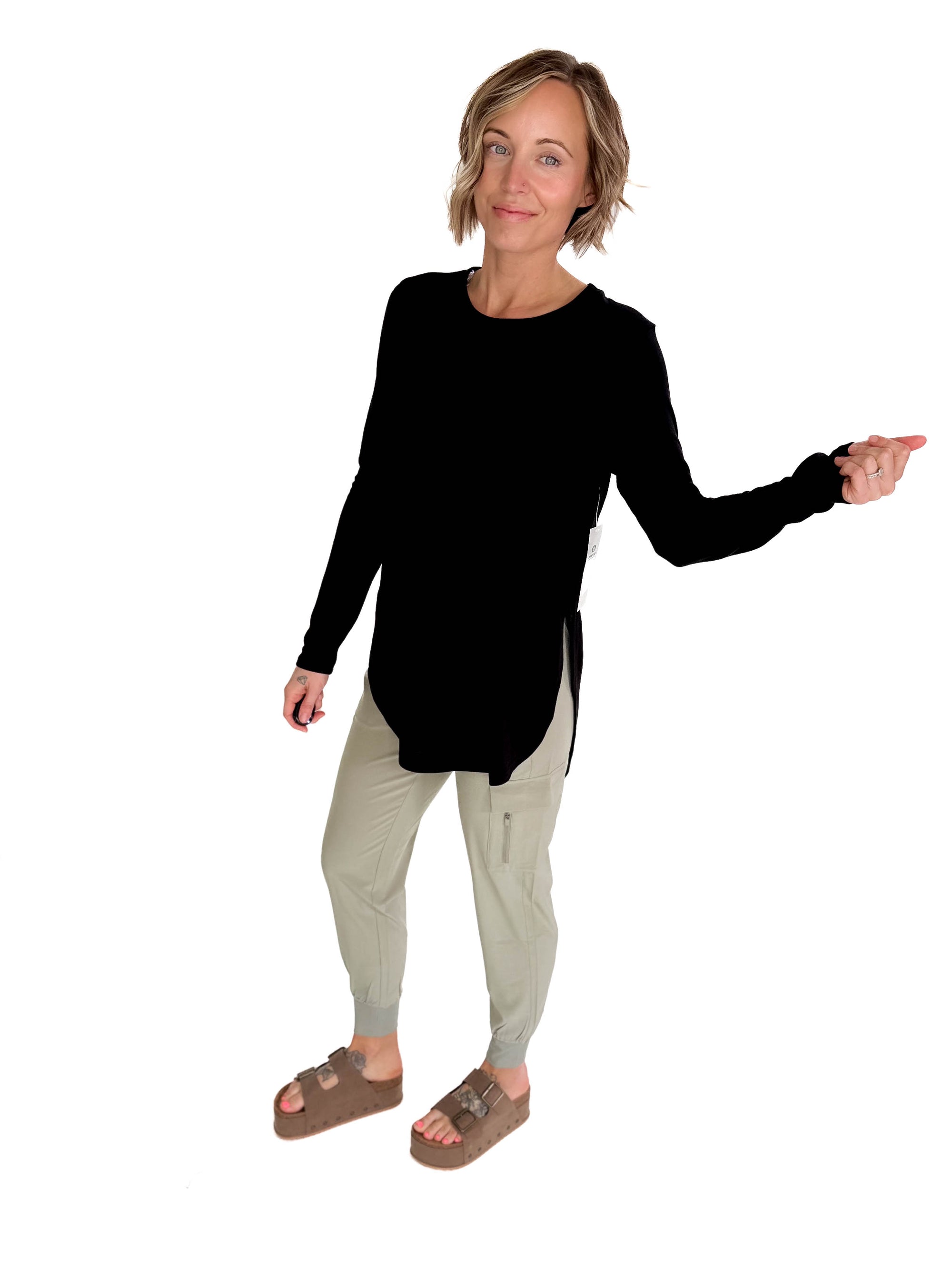 MONO B Madison Long Sleeve Flow Top - BLACK