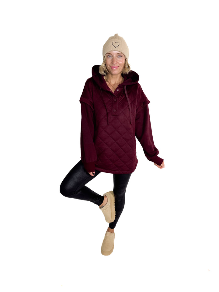 Alpine Escape Quilted Fleece Hoodie Jacket- DARK CHERRY