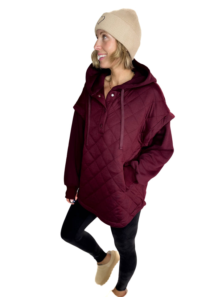 Alpine Escape Quilted Fleece Hoodie Jacket- DARK CHERRY