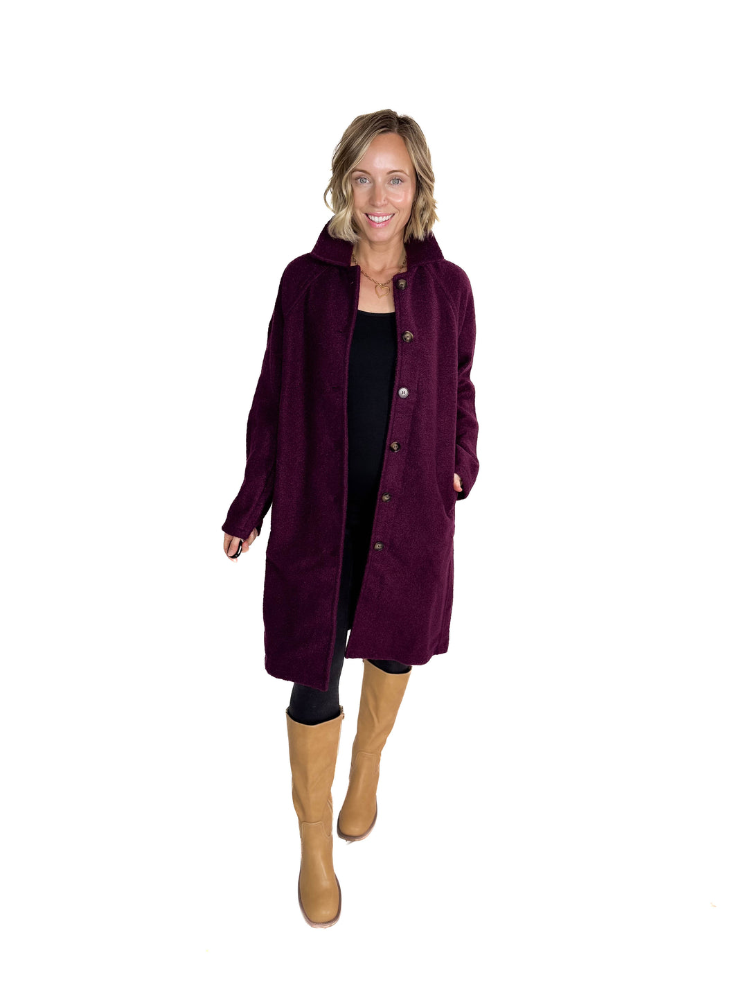 Frosty Boucle Long Button Coat- PLUM