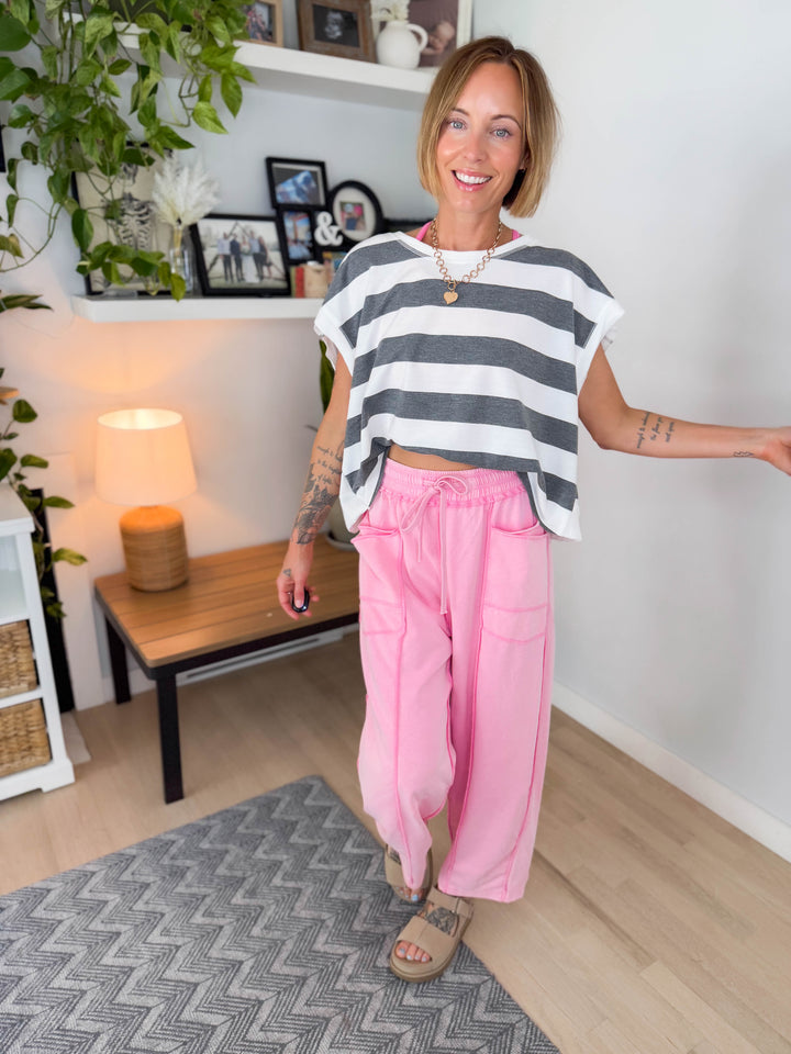 Lucy Short Sleeve Open Back Top- HEATHER GREY
