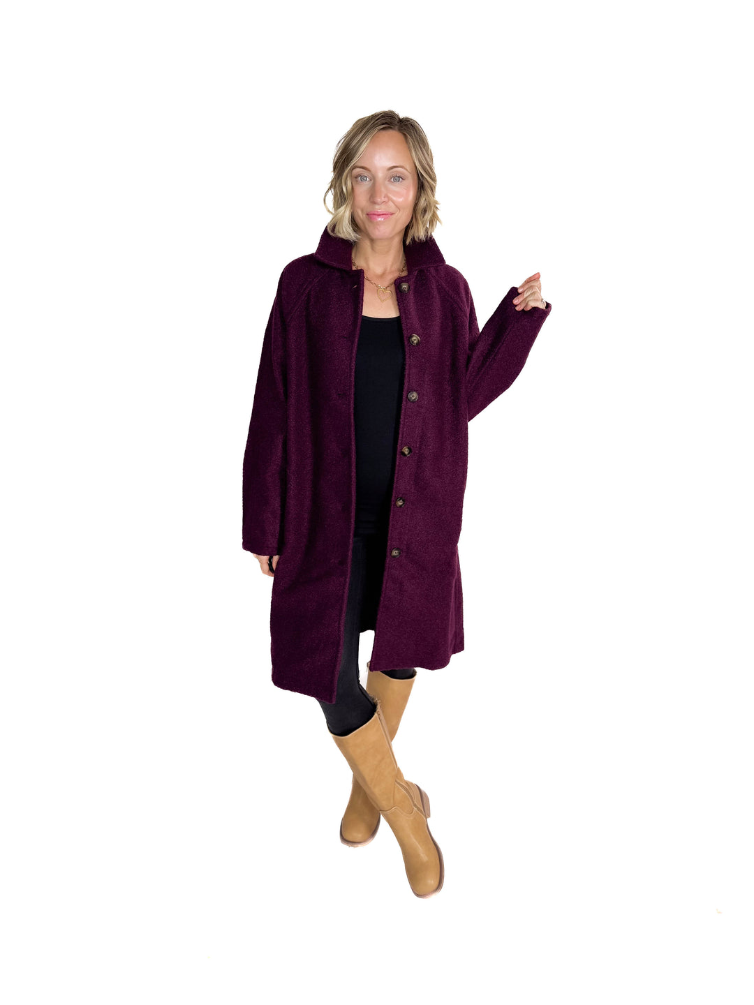 Frosty Boucle Long Button Coat- PLUM