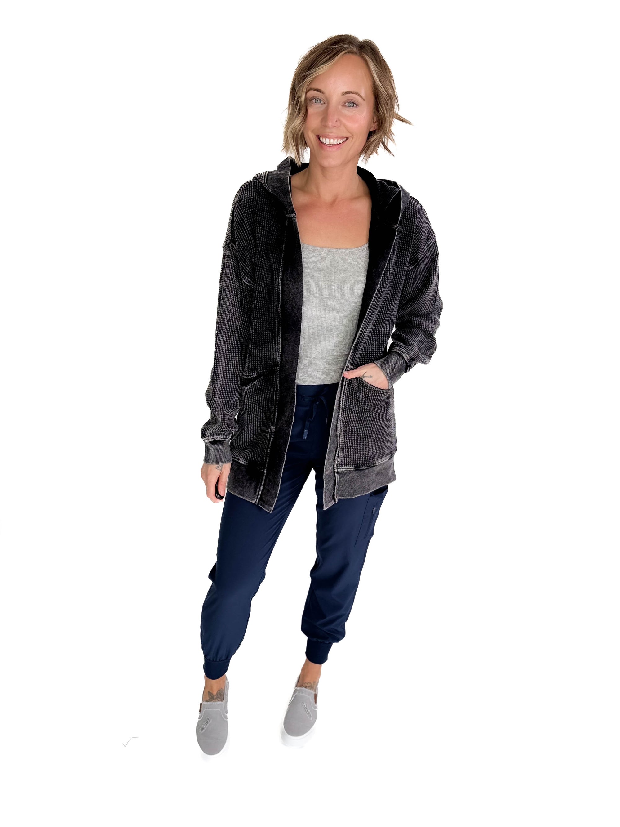 MONO B Lainey Waffle Knit Mineral Washed Cardigan- BLACK