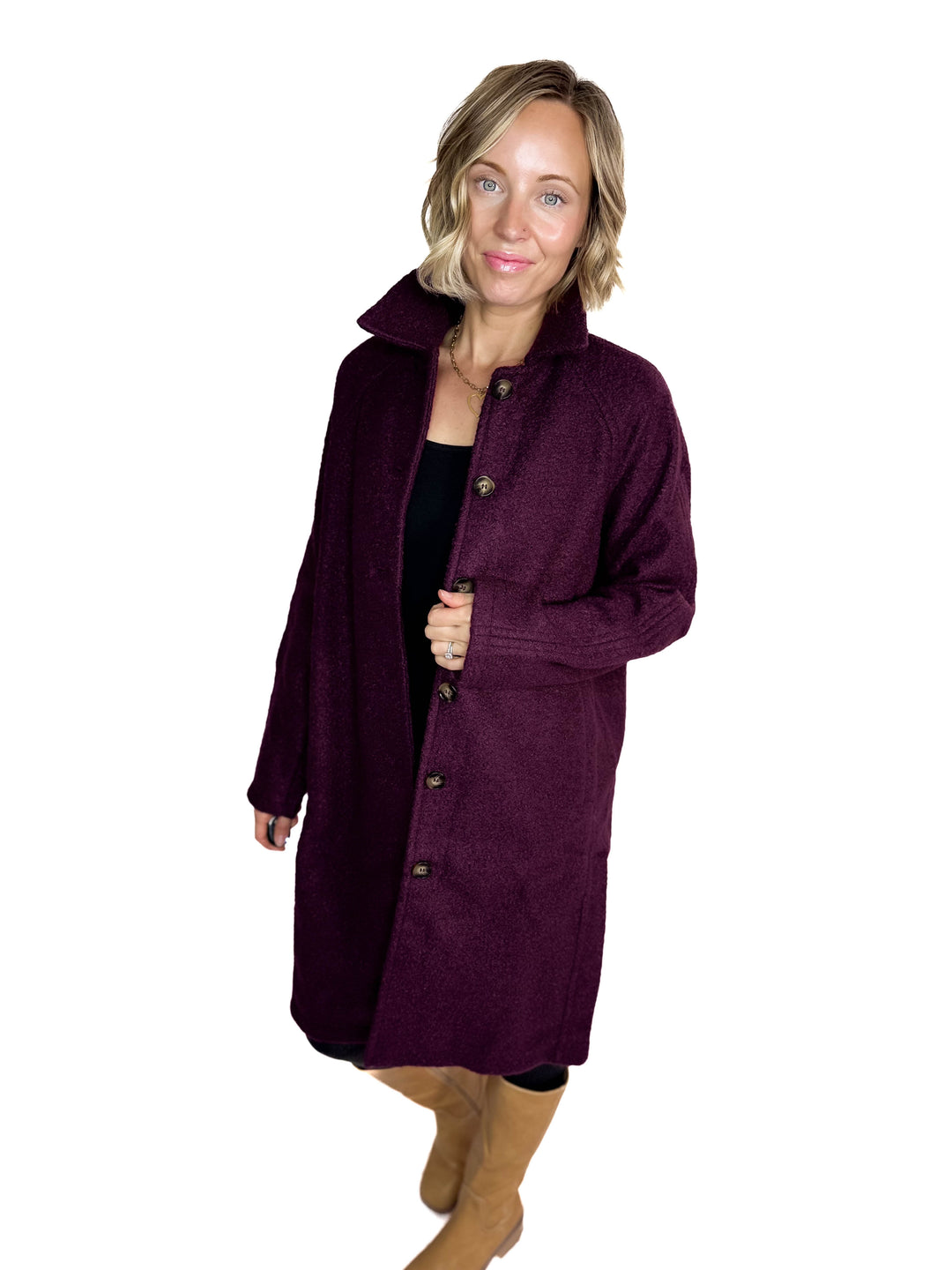 Frosty Boucle Long Button Coat- PLUM