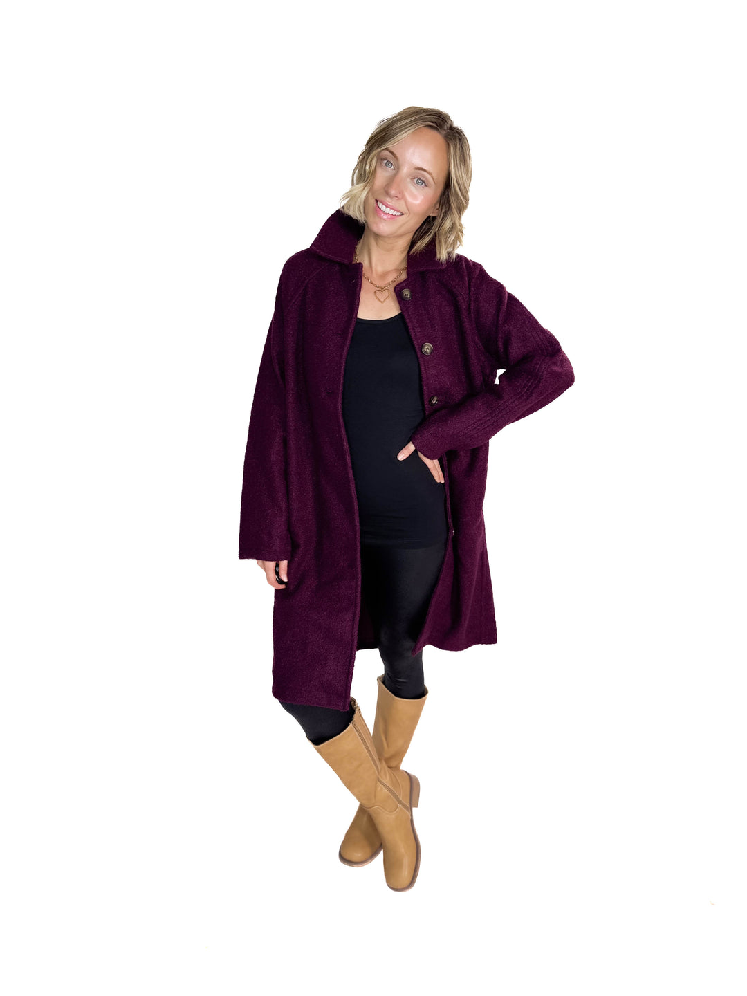 Frosty Boucle Long Button Coat- PLUM