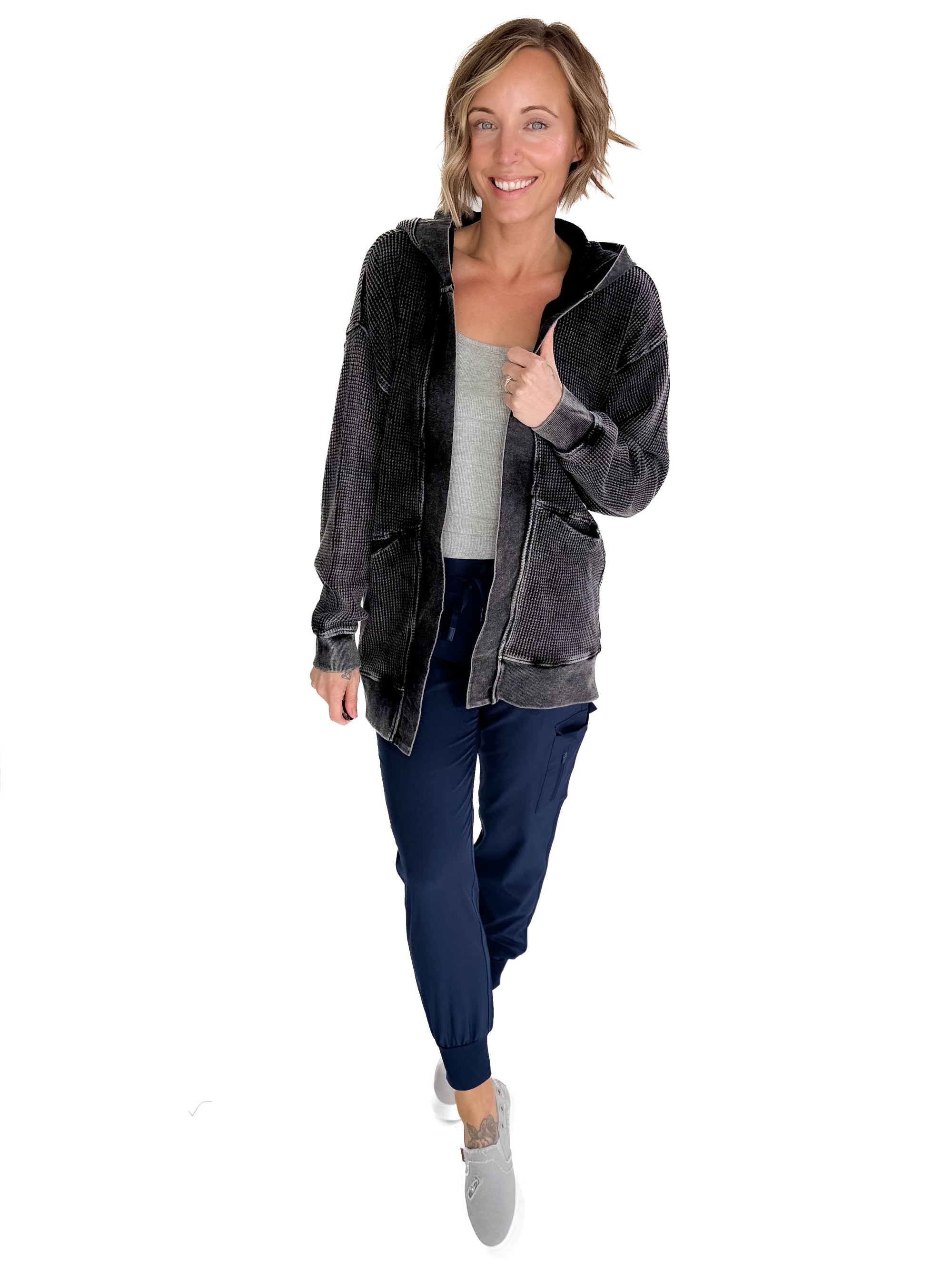 MONO B Lainey Waffle Knit Mineral Washed Cardigan- BLACK