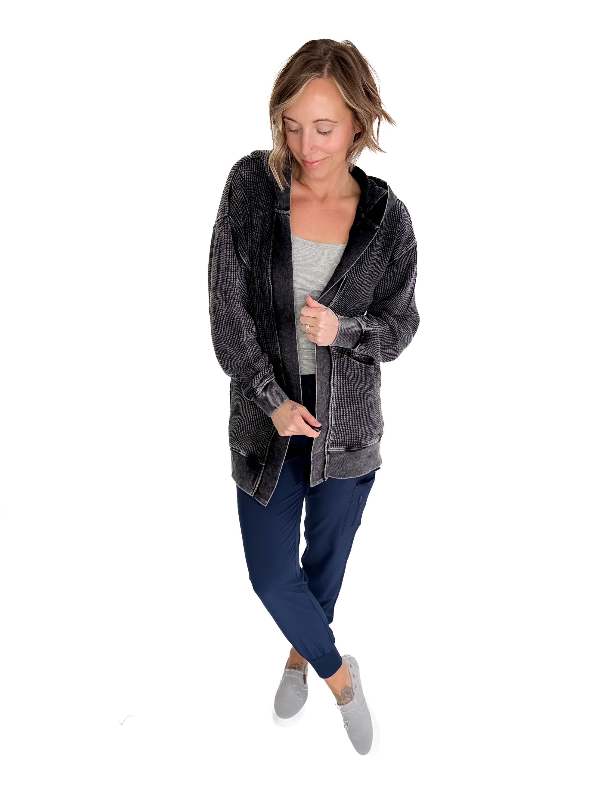 MONO B Lainey Waffle Knit Mineral Washed Cardigan- BLACK